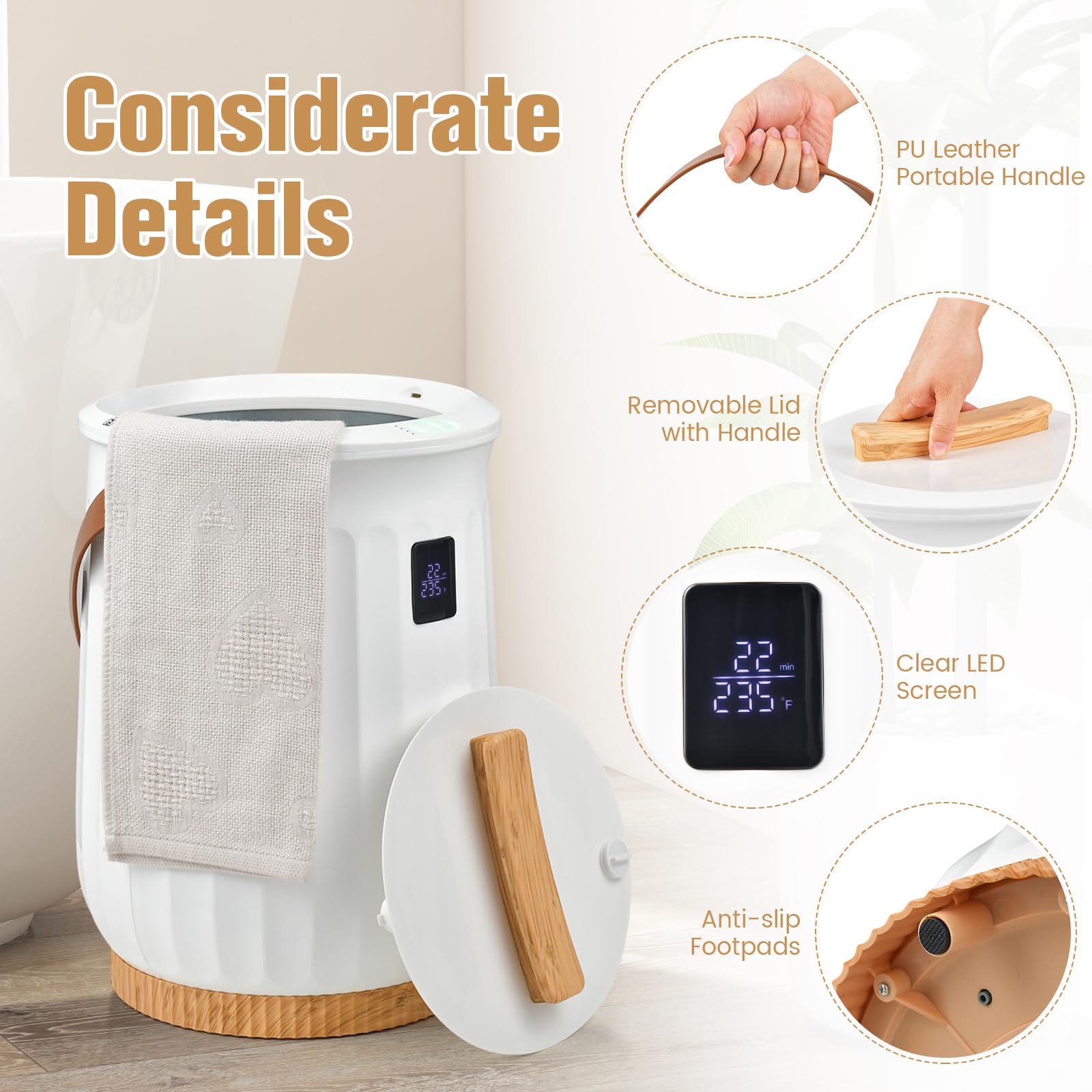 Tangkula 20L Electric Towel Warmer Bucket with LED Display - Adjustable Timer, Aromatherapy Disc Holder & Auto Shut Off - PU Leather Handle, Child Safety Lock & ETL Certified (White) - Perfect for Spa, Salon, Bathroom & Home Relaxation