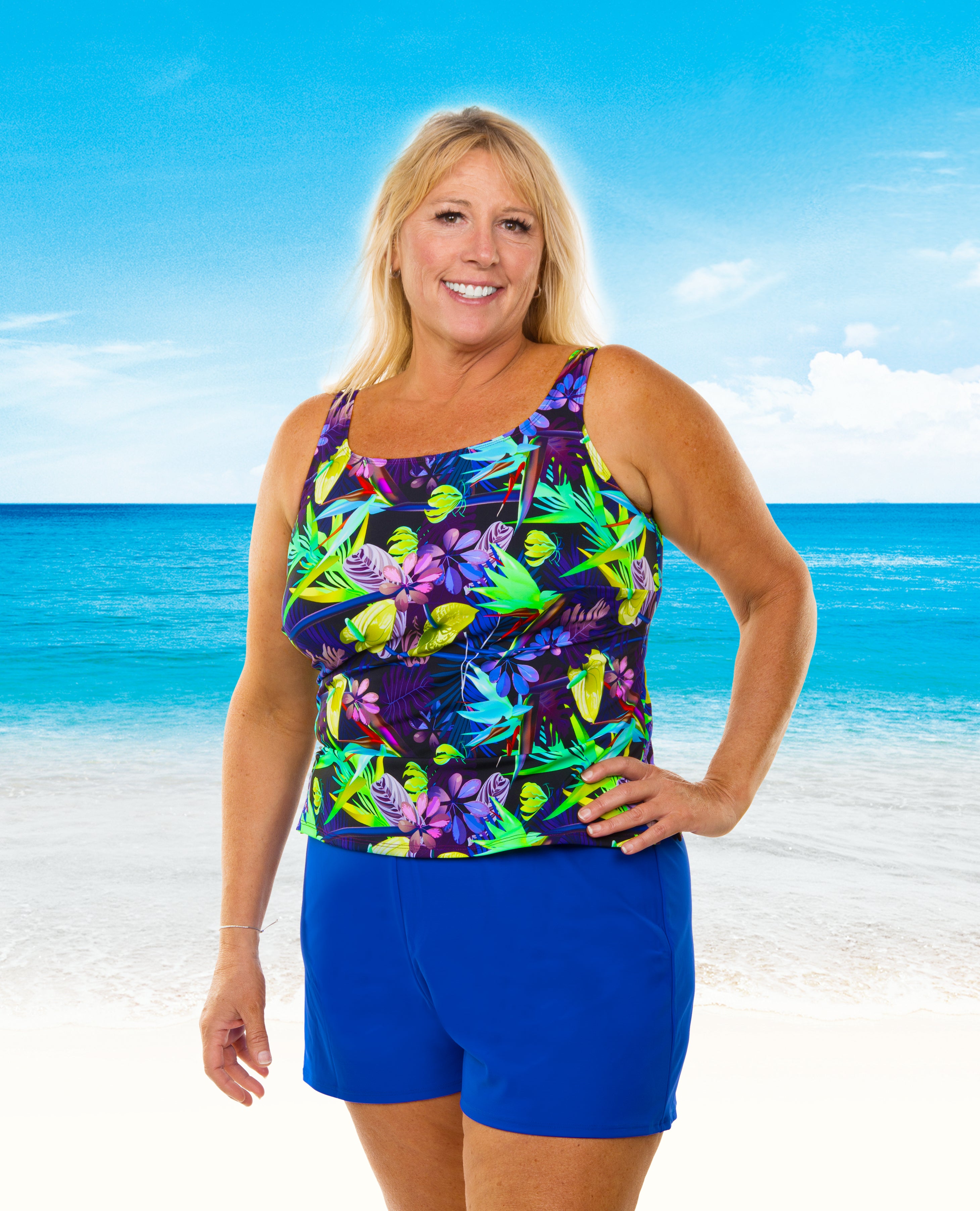 High Neck Tankini Swimsuit - Floral Tropical Print, UPF 50+ Sun Protection, Adjustable Straps | Perfect for Beach Vacations, Pool Parties & Summer Getaways