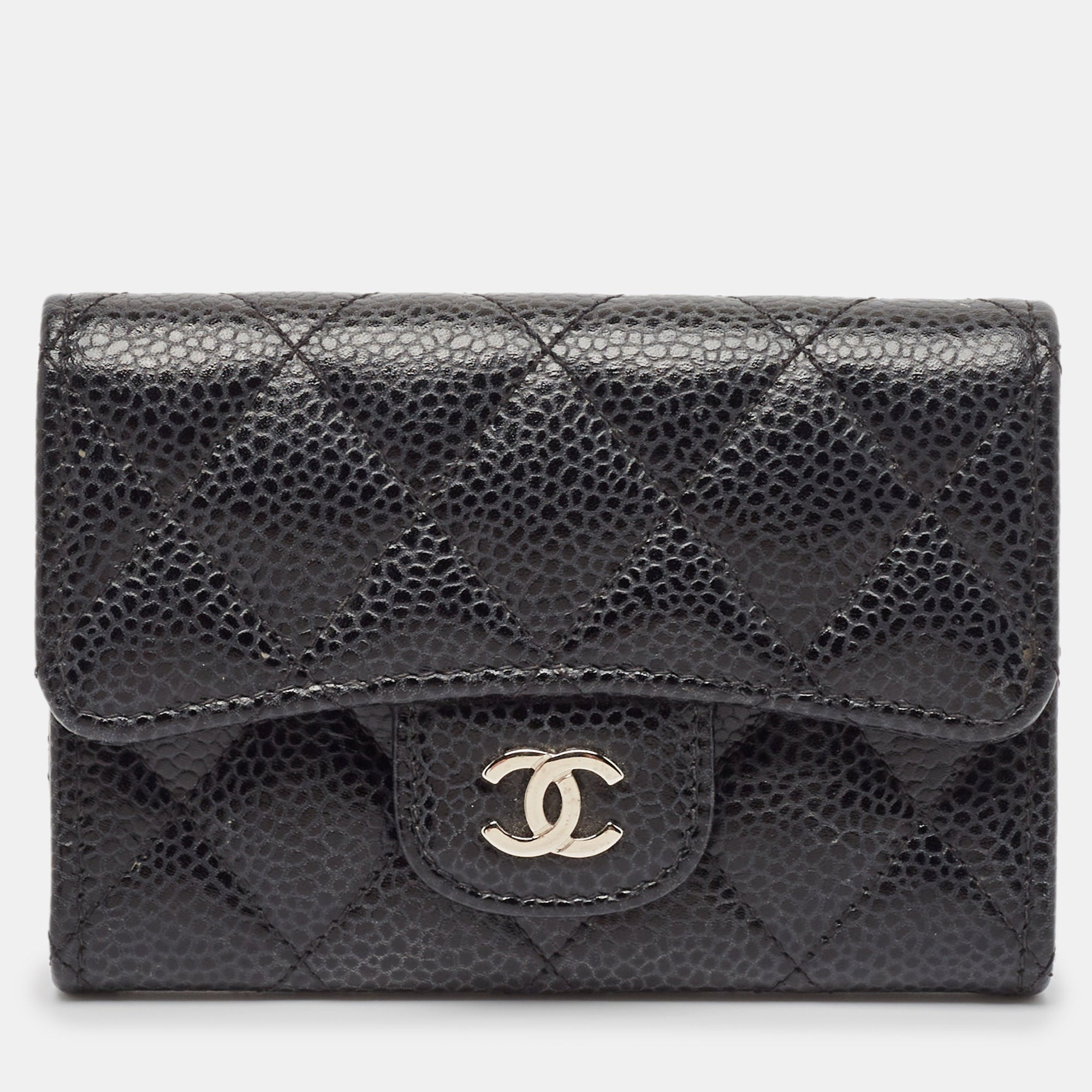 Luxury Black Caviar Leather CC Flap Card Holder Wallet - Elegant Credit Card Case for Women, Perfect for Everyday Use & Special Occasions