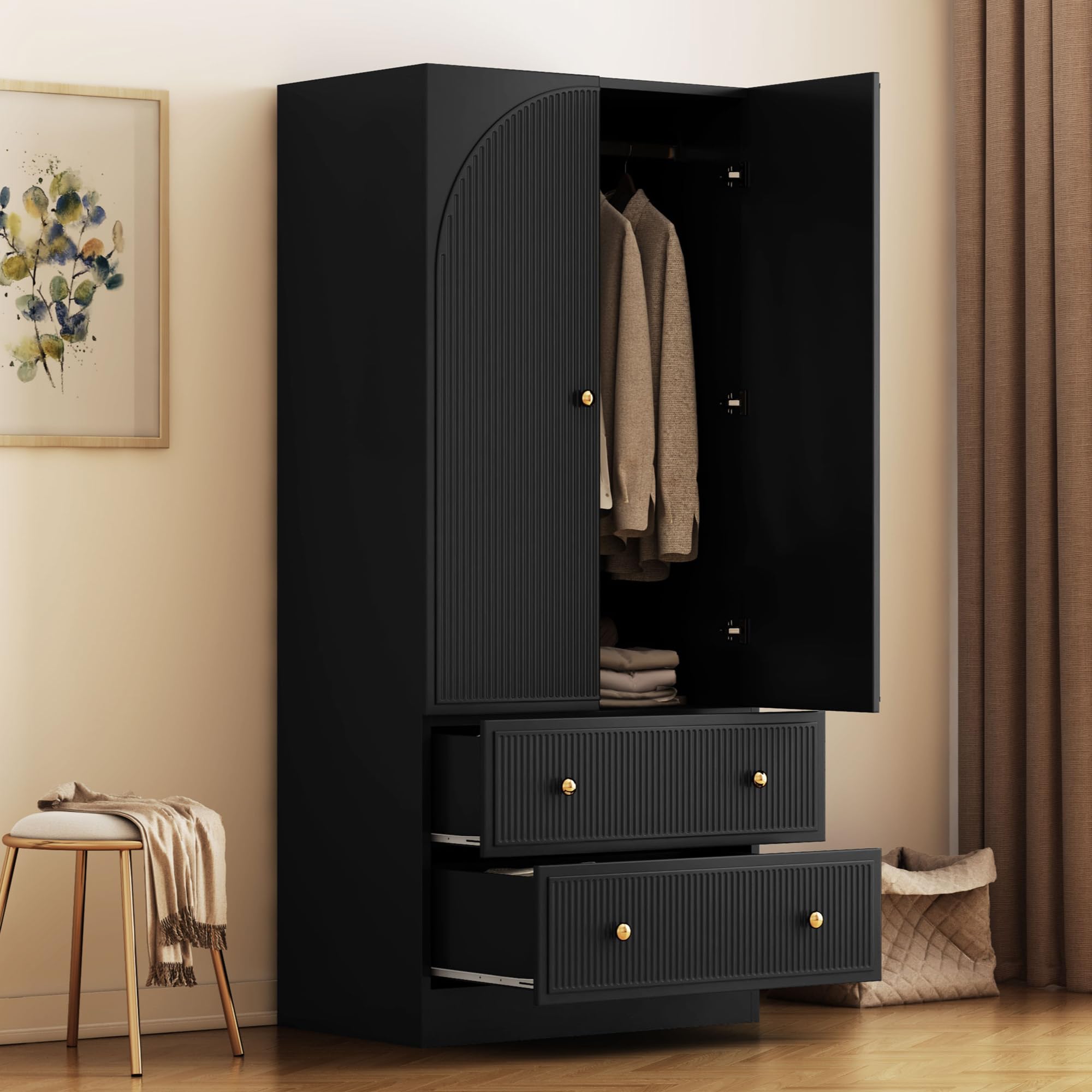 QHITTY Freestanding Bedroom Armoire Wardrobe with 2 Drawers & Clothing Rod - Black Storage Cabinet for Clothes, Bedroom & Living Room Organization | Perfect for Small Spaces, Apartments & Home Decor