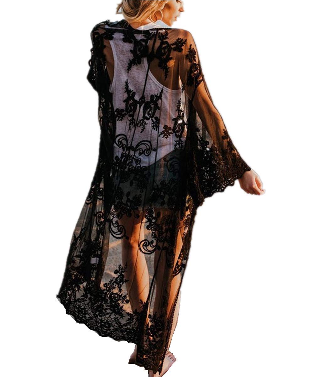 Women's Lace Floral Crochet Bohemian Kimono Cardigan Cover Up - Lightweight Beachwear for Summer, Seaside, Vacation & Music Festivals