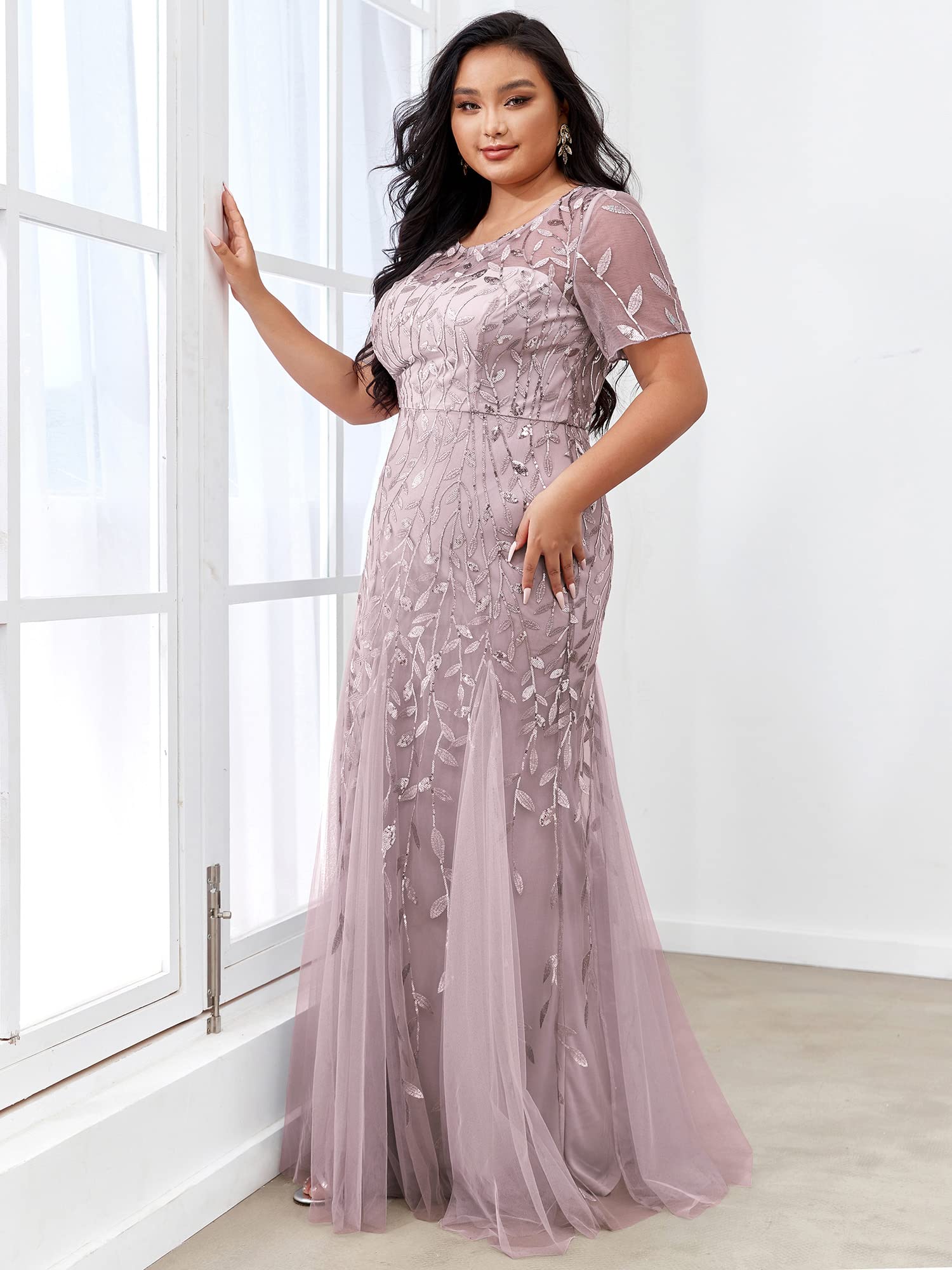 Ever-Pretty Women's Plus Size Evening Gown with Embroidery & Sequin Details - Short Sleeve Bodycon Maxi Dress for Formal Occasions (Style 07707-PZUSA) | Perfect for Weddings, Proms, Galas & Special Events