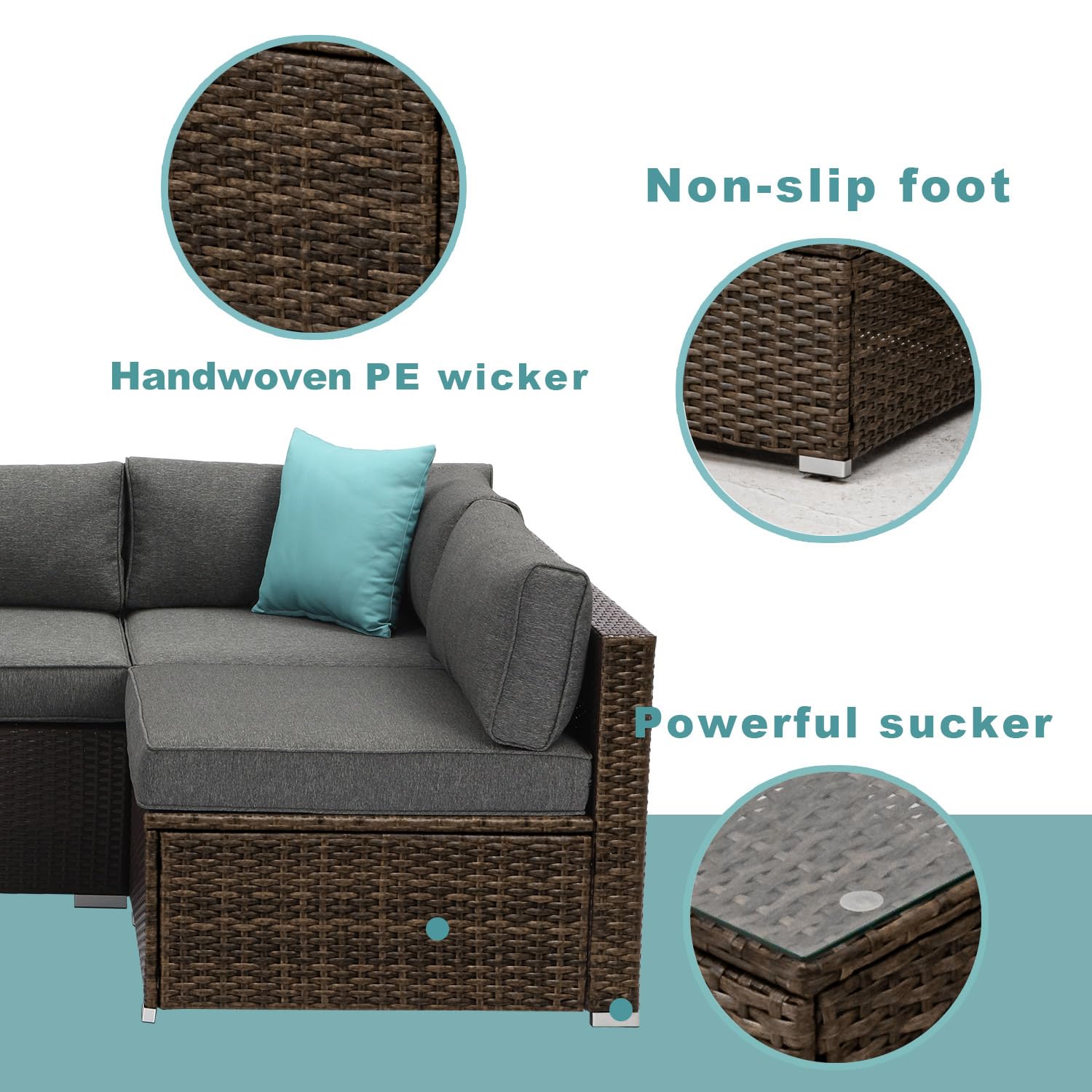 Luxury 7-Piece Outdoor Patio Furniture Set - Chocolate Brown Wicker Sectional Sofa with Dark Grey Cushions, Glass-Top Coffee Table & 2 Turquoise Pillows | Perfect for Backyard, Garden, Poolside Relaxation and Entertaining Guests