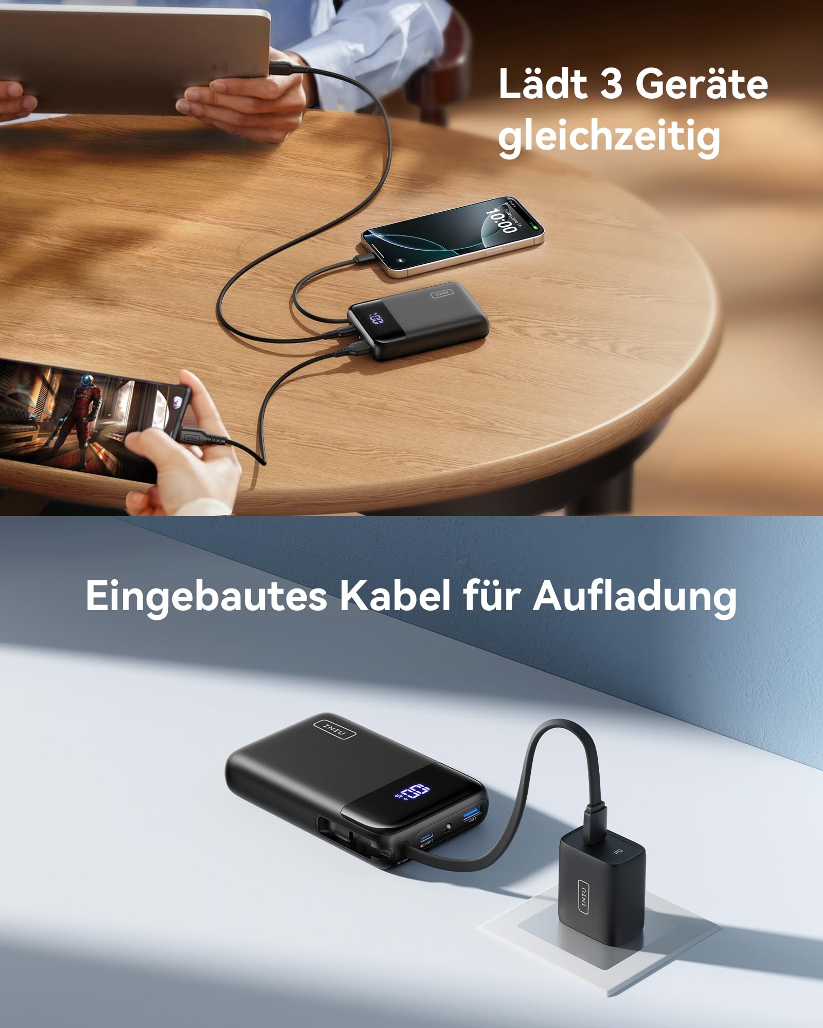INIU 45W 20000mAh Mini Power Bank with Built-in USB-C Cable | PD 3.0 QC 4.0 Fast Charging | Compact & Powerful Portable Charger for iPhone 15/14/13/12 Pro Max, Samsung, iPad | Perfect for Travel, Camping & Daily Use