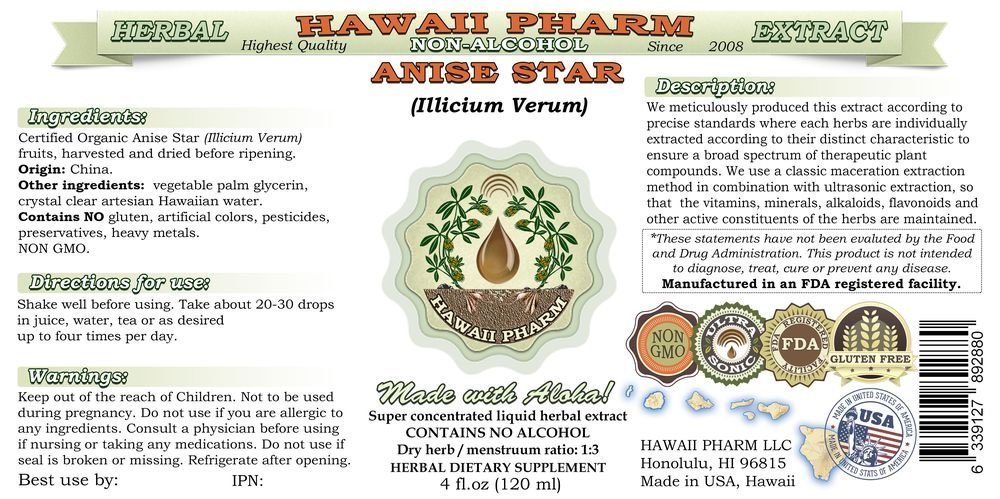 Organic Anise Star Alcohol-Free Liquid Extract (Illicium verum) | Natural Herbal Glycerite Supplement by Hawaii Pharm | 32 oz Unfiltered | Perfect for Teas, Baking & Digestive Wellness
