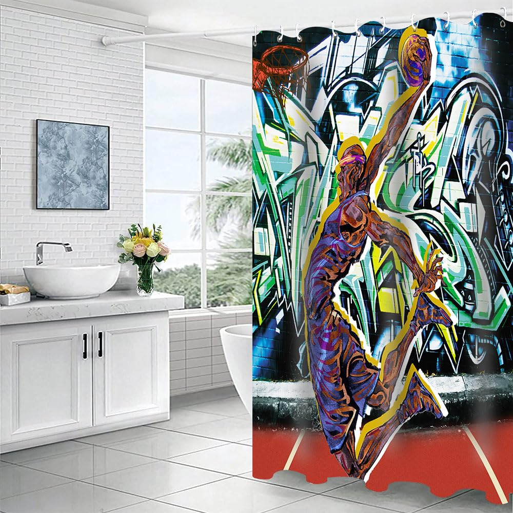 Basketball Shower Curtain - Sports Graffiti Design with High Contrast Silhouette of Dunking Athlete - 72x78 Inch Bathroom Decor for Boys, Teens & Sports Fans - Perfect for Game Room or Basketball Themed Bathroom
