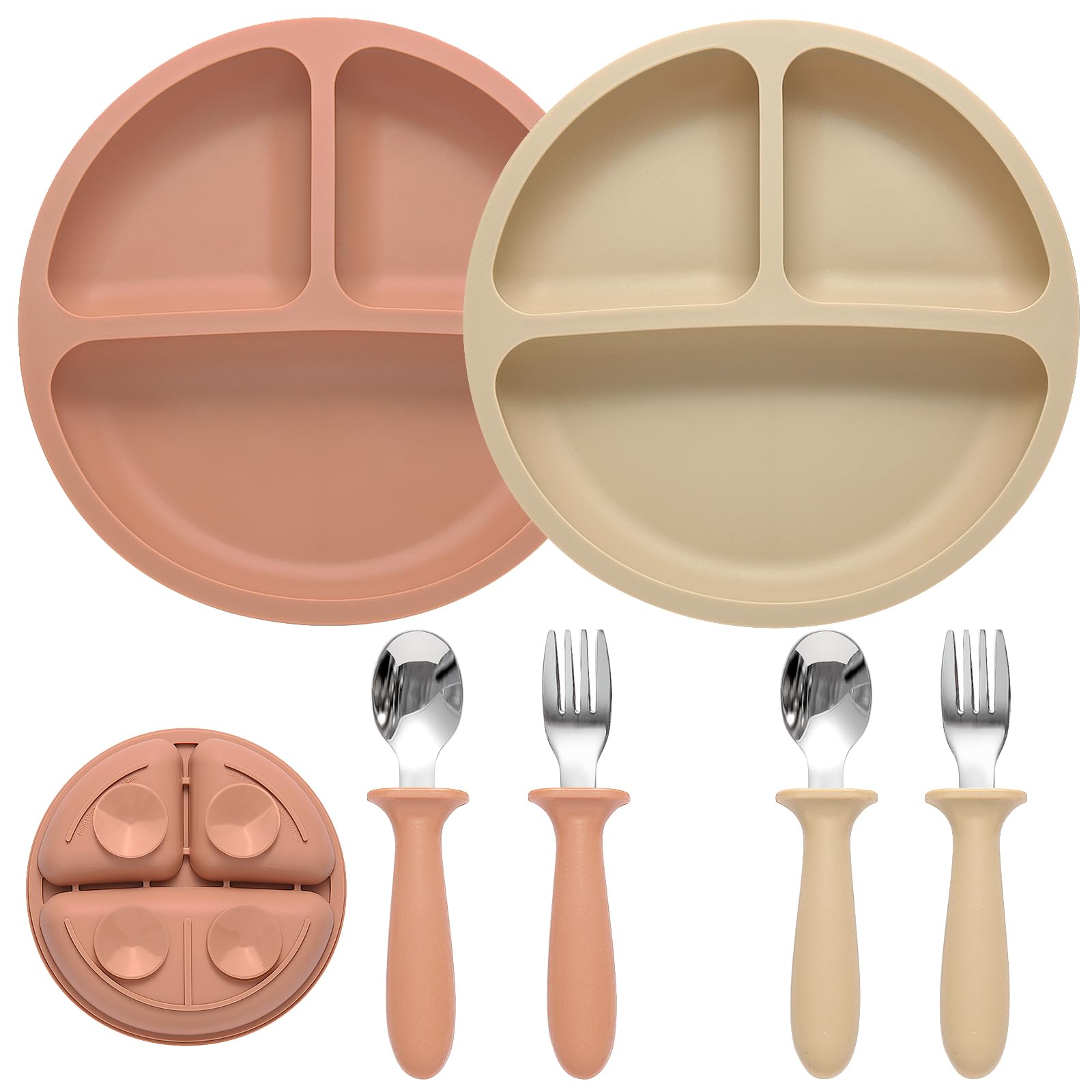 BPA-Free Silicone Baby Feeding Set - 2 Pack Divided Suction Plates with 2 Pack Spoons & Forks - Toddler Utensils for Mess-Free Mealtime - Perfect for Home, Travel and Daycare Use