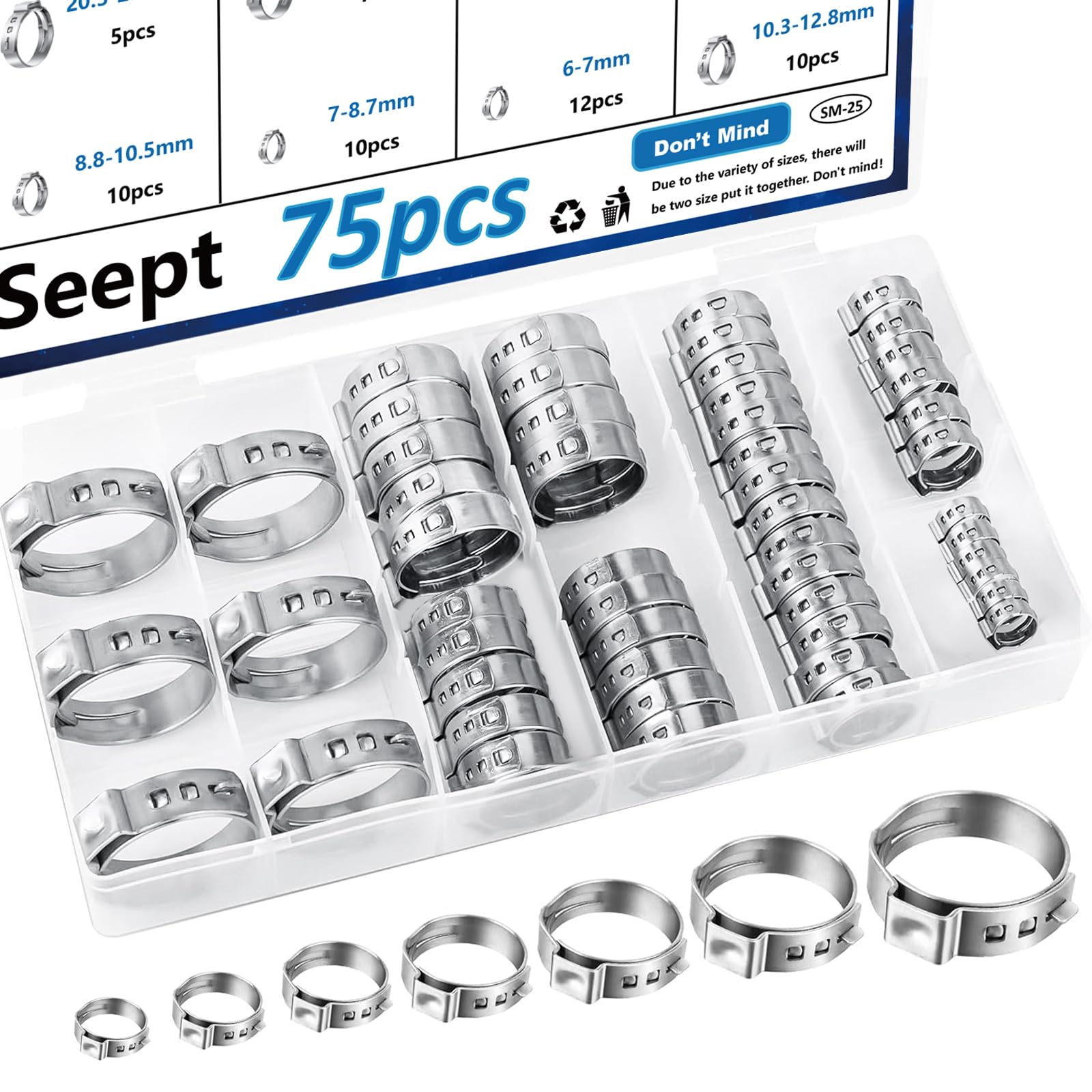 75Pcs 8 Sizes 304 Stainless Steel Single Ear Hose Clamps Assortment Kit (6-23.5mm) - Heavy Duty Crimp Clamps for Automotive, Plumbing, Fuel Lines & Home Appliances - Perfect for Car Repair, Water Pipe Connections & DIY Projects