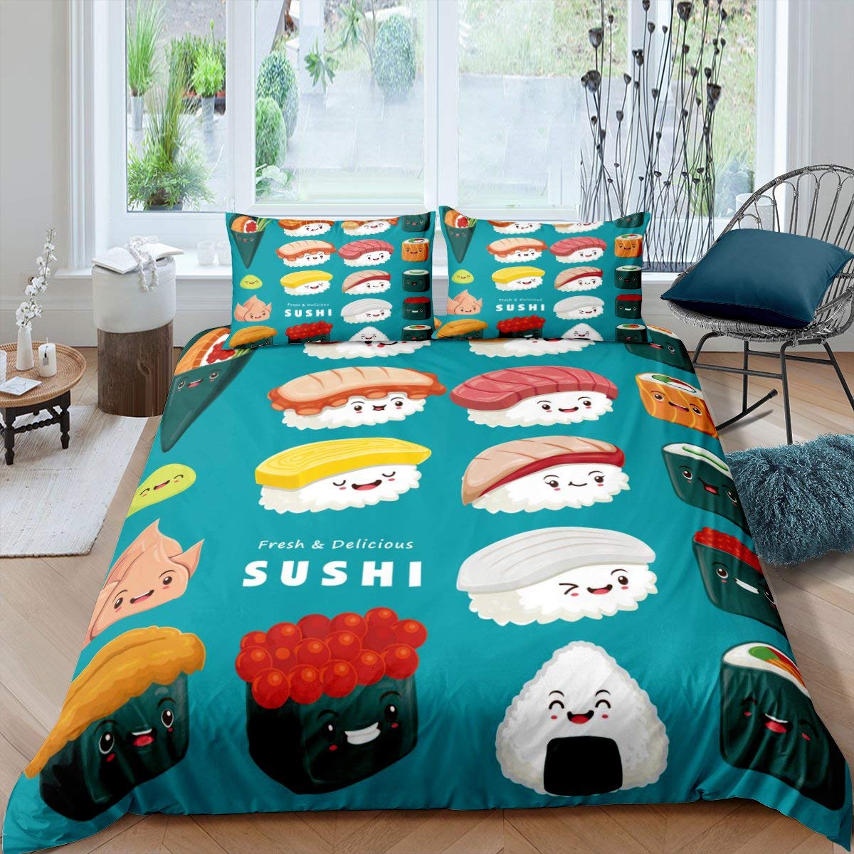 Erosebridal Cartoon Sushi Comforter Cover Set - Kawaii Japanese Style Duvet Cover with Smiling & Yawning Sushi Designs, 3-Piece King Size Bedding (Comforter + 2 Pillow Shams) in Blue & White | Perfect for Anime Lovers' Bedrooms, Themed Dorms & Cozy Home Decor
