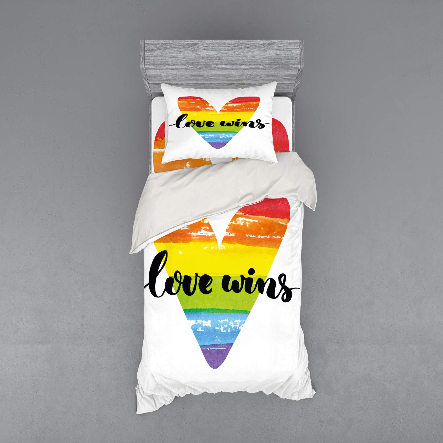 Ambesonne Pride Bedding Set - Watercolor Gay Marriage Inspirational Hand Lettering Design, 3-Piece Duvet Cover Set with Pillow Sham & Fitted Sheet, Twin Size, Multicolor - Perfect for LGBTQ+ Pride Celebrations, Guest Rooms & Rainbow-Themed Decor