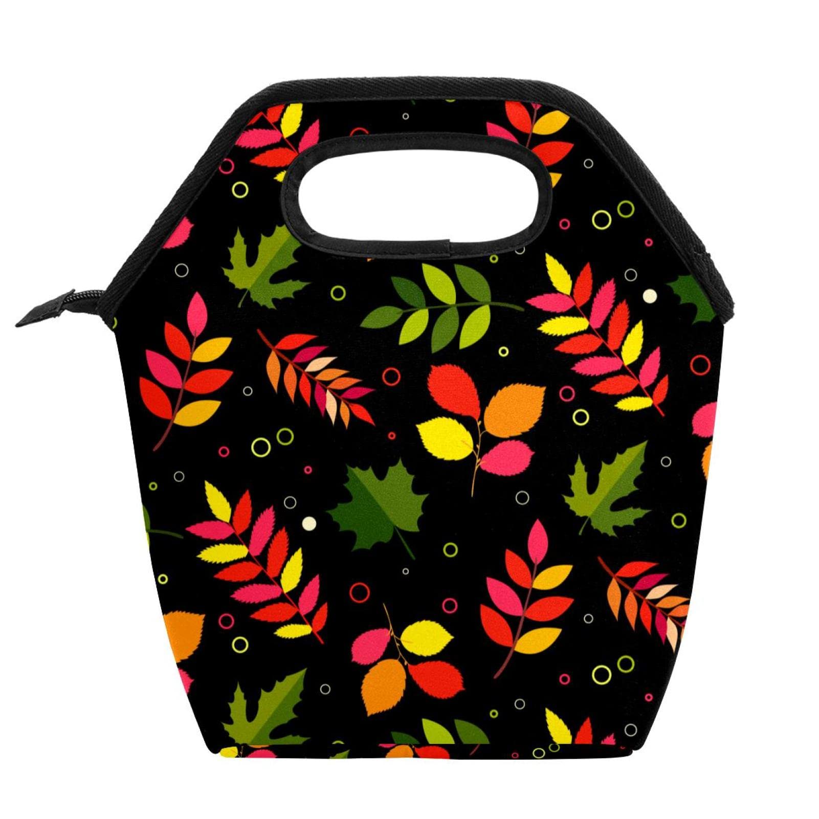 Waterproof Insulated Lunch Bag with Autumn Leaves Pattern - Reusable Thermal Cooler Tote for School, Office & Outdoor Picnics | Black Background Lunchbox Handbag for Women & Men