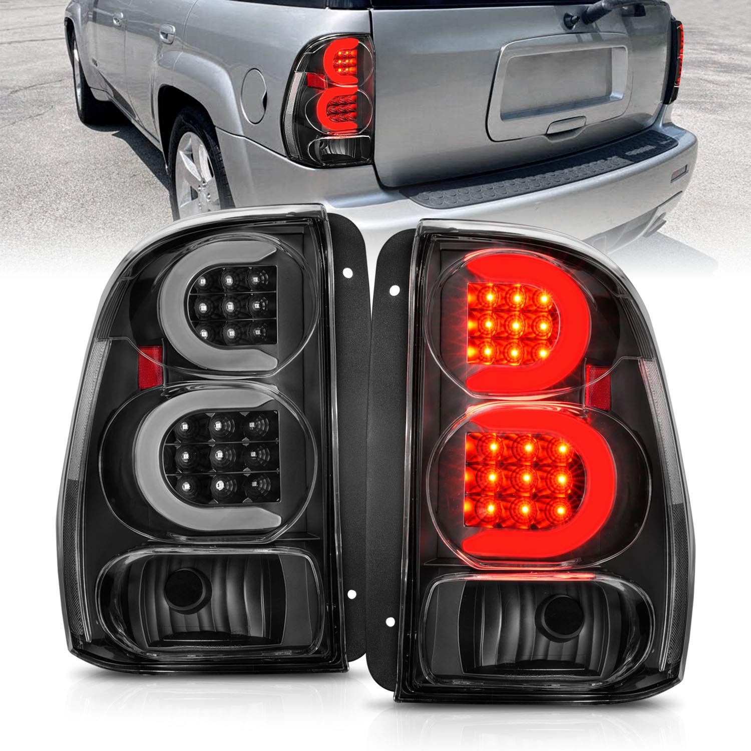 AmeriLite Clear Black C-Type LED Tube Tail Lights Brake Lamps Pair for 2002-2009 Chevy Trailblazer/EXT - Driver & Passenger Side | Enhanced Visibility & Style for Night Driving & Off-Road Adventures