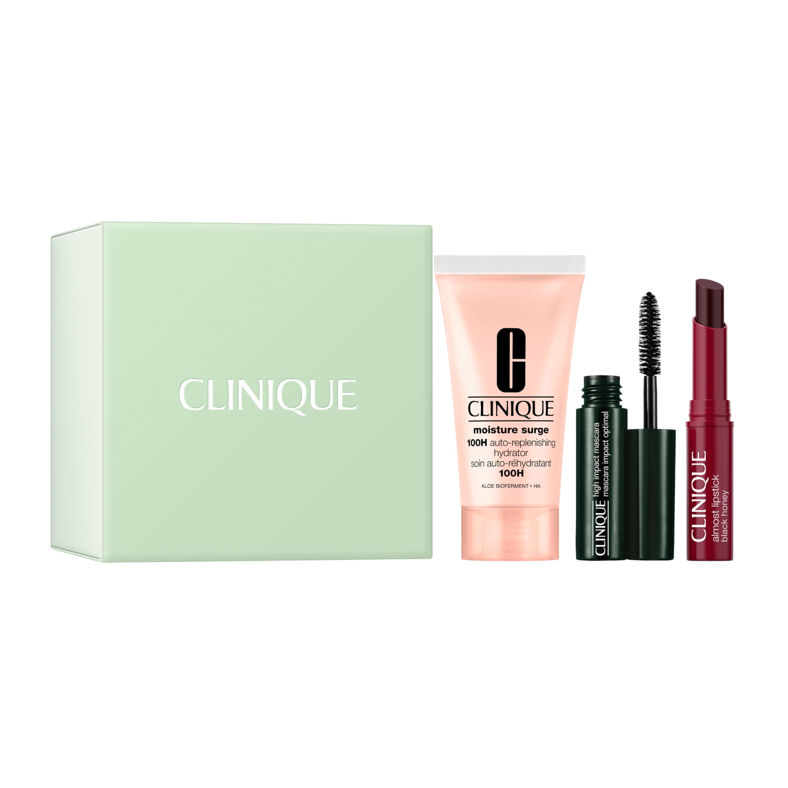 Clinique Icons Travel Set - Black Honey Almost Lipstick, Mini Moisture Surge 100H Hydrating Cream & High Impact Mascara | Perfect for On-the-Go Glam & Skincare | Travel-Friendly Mini Beauty Essentials