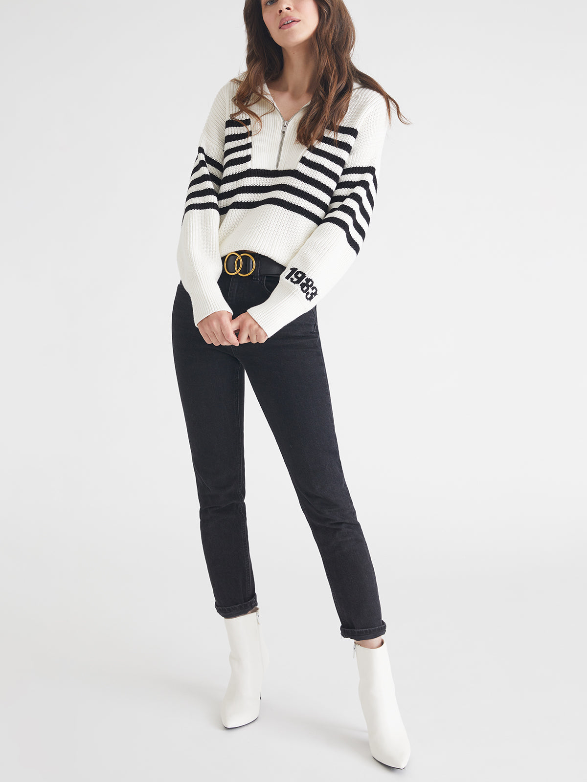 Norah 1983 Stripe Half Zip Cotton Sweater - Vintage Inspired Casual Pullover for Women, Fall & Winter Layering, Cozy Office Wear