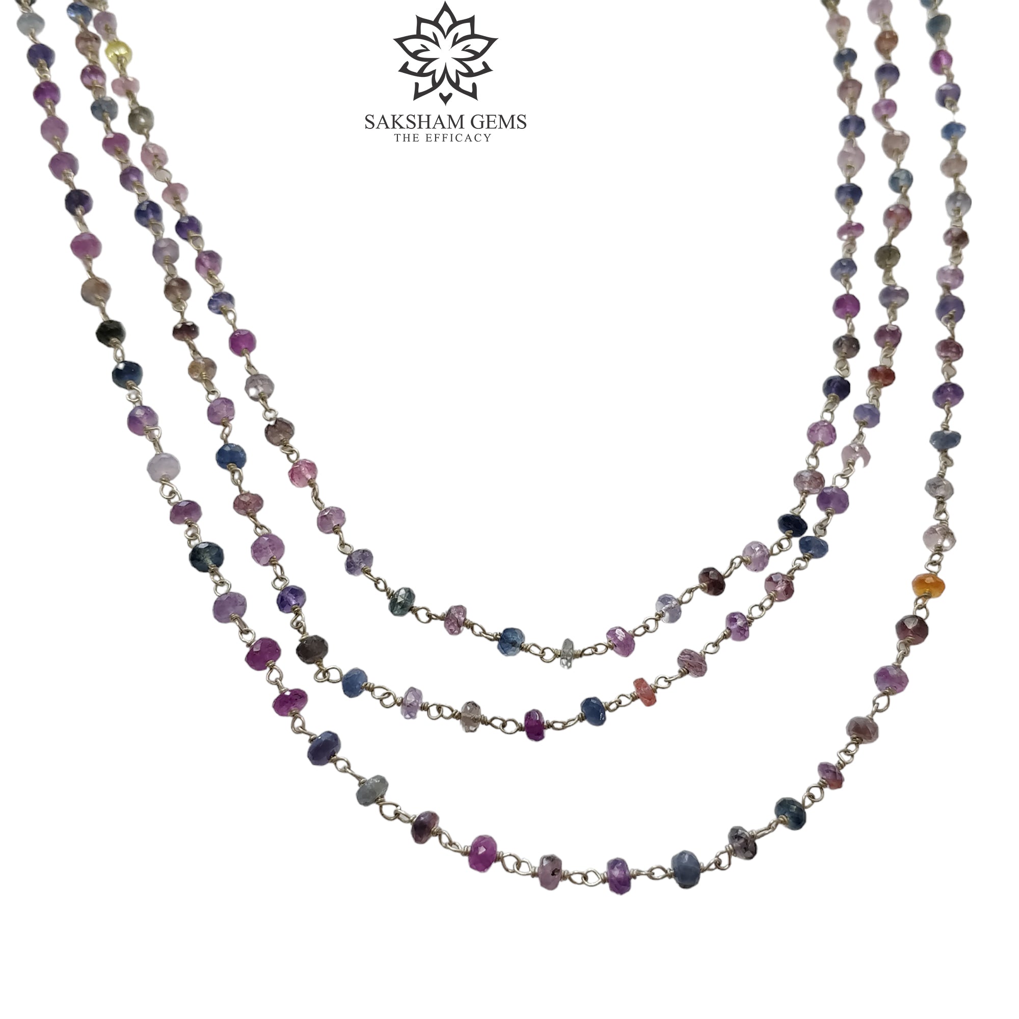 925 Sterling Silver Multi Sapphire Gemstone Beaded Necklace - 20.04gms Natural Faceted Sapphire 3-Step Beaded Necklace for Women | Perfect for Weddings, Parties & Special Occasions