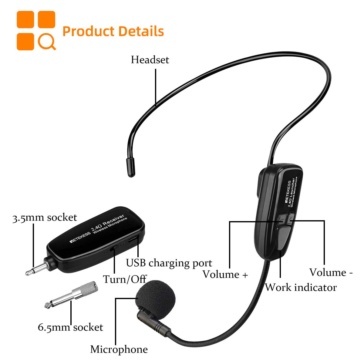Retekess TT123 2.4G Wireless Microphone Headset System - 164ft Range, Dual Headset & Handheld Mic for Tour Guides, Teachers, Presenters - Perfect for Voice Amplification, PA Systems, Public Speaking, and Outdoor Events