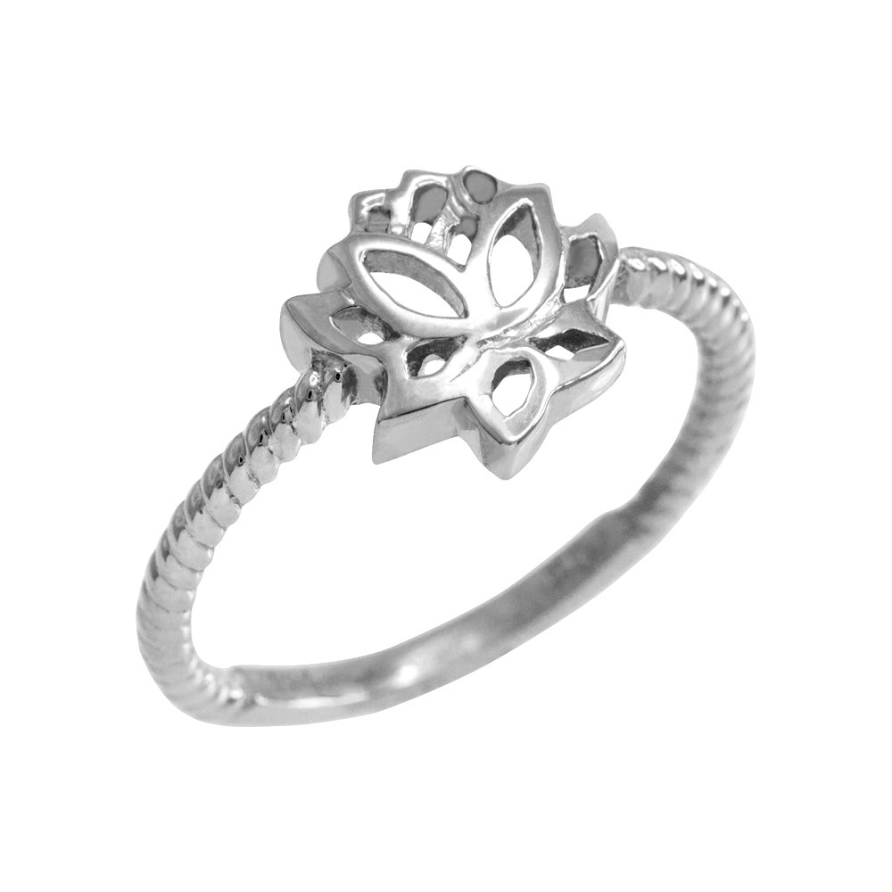 14K White Gold Dainty Beaded Band Lotus Flower Ring for Women - Elegant Stackable Jewelry for Weddings, Anniversaries & Everyday Wear