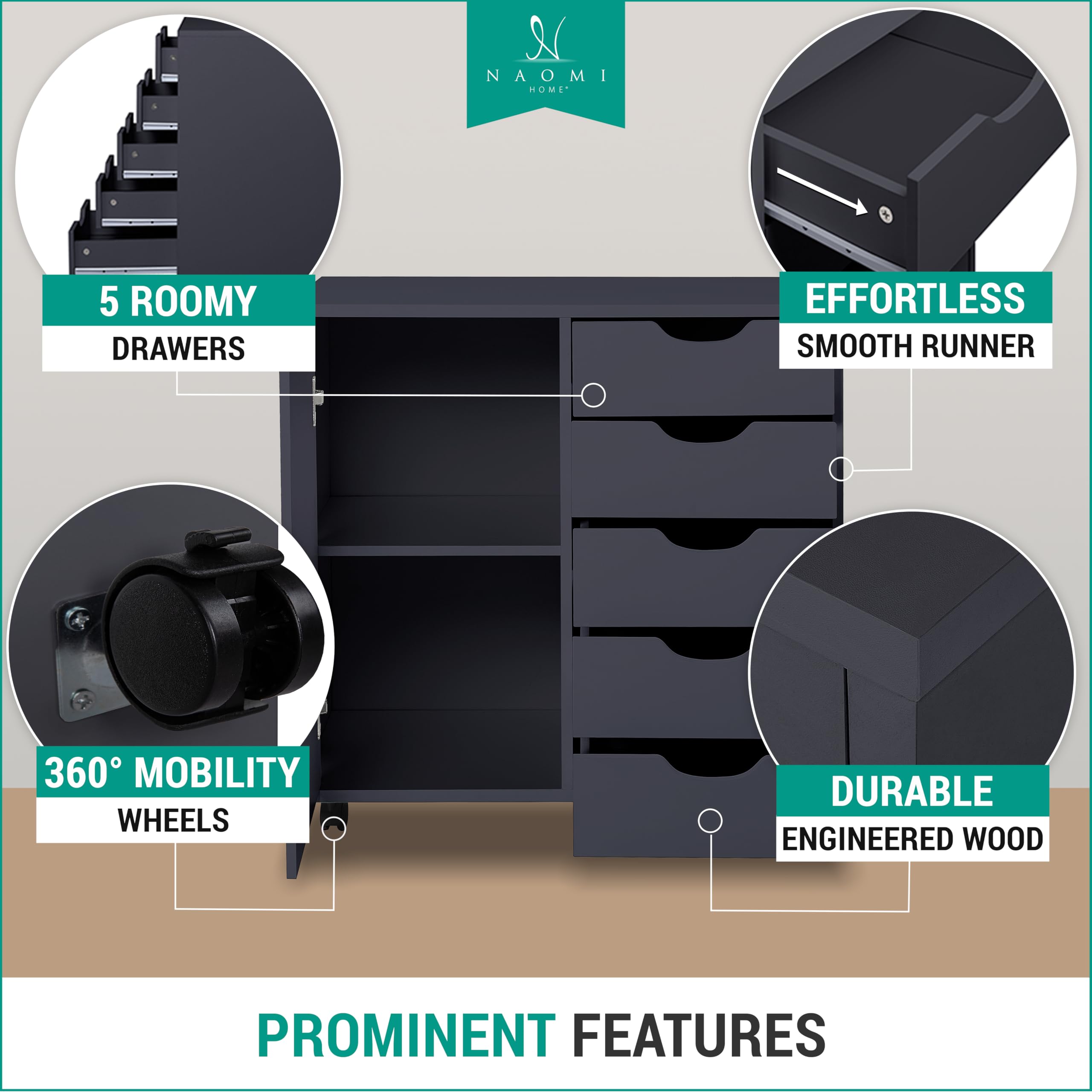 Naomi Home 5-Drawer Dresser with Wheels - Tall Bedroom Storage Cabinet with Shelves, 180 lbs Capacity - Black Small Dresser for Closet, Makeup Vanity & Bedroom Organization