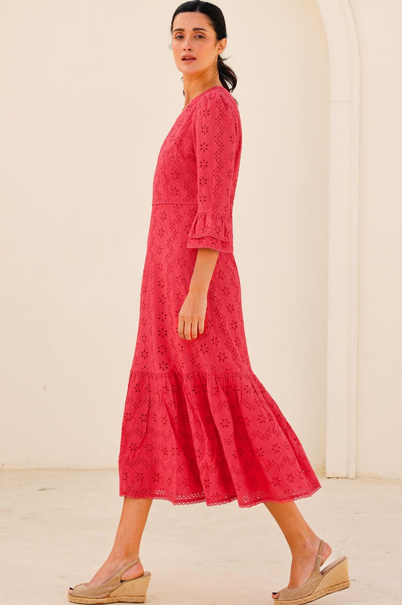 Victoria Broderie Floral Embroidered Maxi Dress - Red | Elegant Summer Beach Wedding Guest Dress for Women