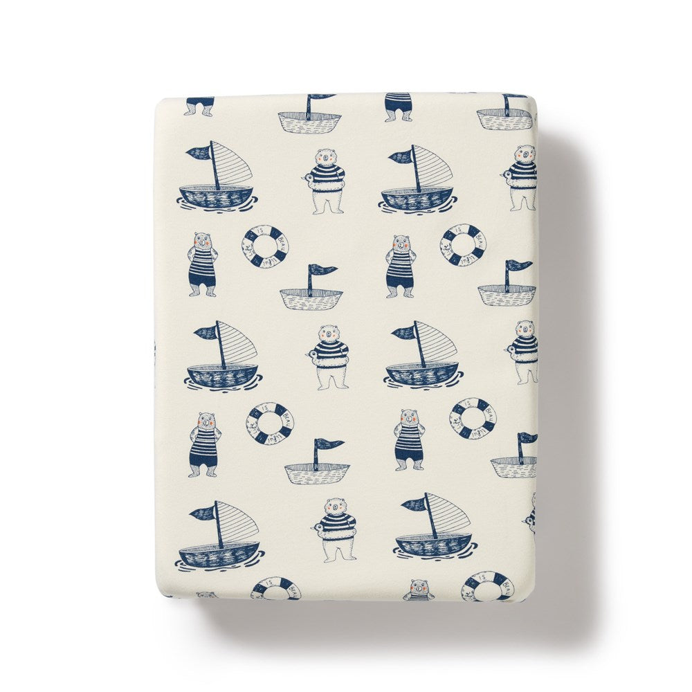 Organic Cotton Nautical Bear Bassinet Sheet - Soft, Breathable Crib Fitted Sheet for Baby Nursery, Travel & Co-Sleeping