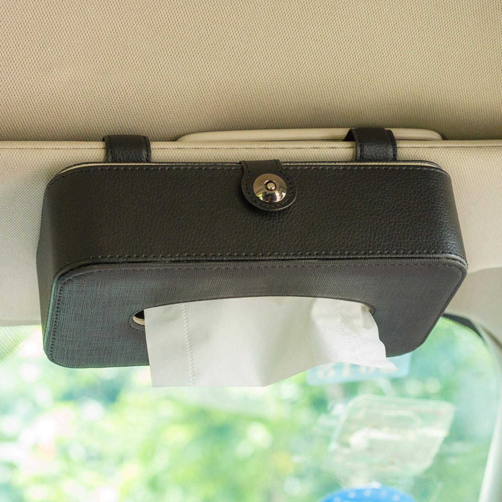 Premium Leather Car Visor Tissue Holder - Clip-on Black Car Interior Accessory for Sunroof & Seat Organization | Multi-functional Mask & Tissue Box Storage | Perfect for Road Trips & Daily Commutes