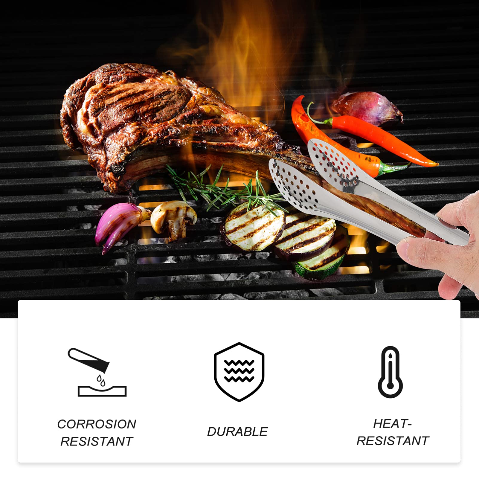 Hemoton 3-Piece Stainless Steel BBQ Tongs Set - Heavy Duty Food Tongs for Grilling, Cooking & Serving - Perfect for Steak, Salad, Pasta & Outdoor BBQ Accessories - Dishwasher Safe & Portable Kitchen Utensils