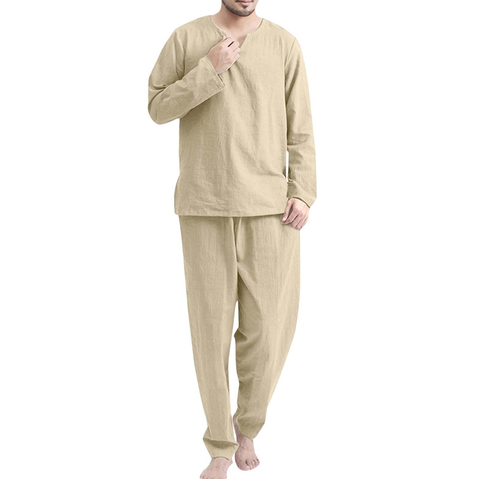 Men's 2-Piece Summer Lounge Set - Long Sleeve V-Neck Top & Solid Pants for Casual Wear, Sleepwear & Home Relaxation