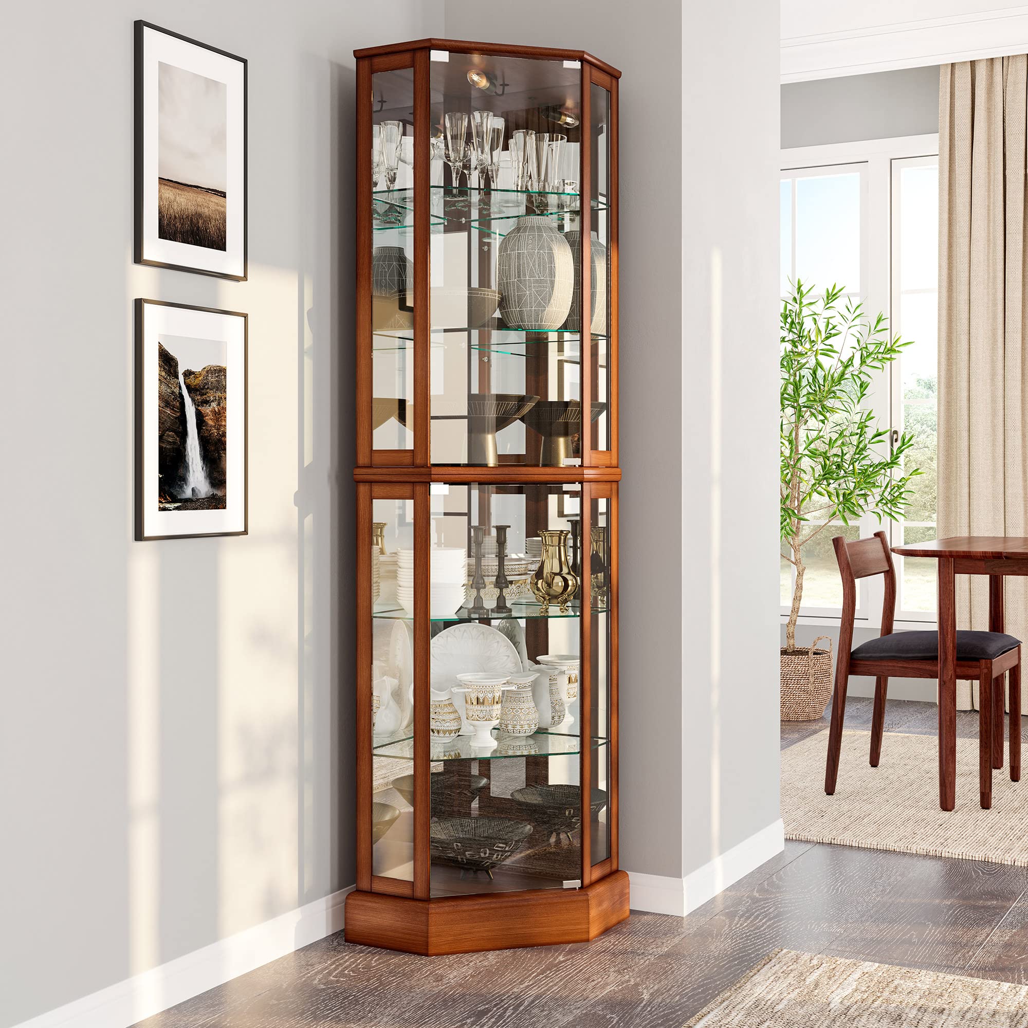 BELLEZE Corner Curio Cabinet with LED Lights - Tempered Glass China Hutch & Bar Storage, Wooden Accent Display Case for Living Room - Ashfield Oak Finish | Perfect for Showcasing Collectibles, China & Liquor Bottles