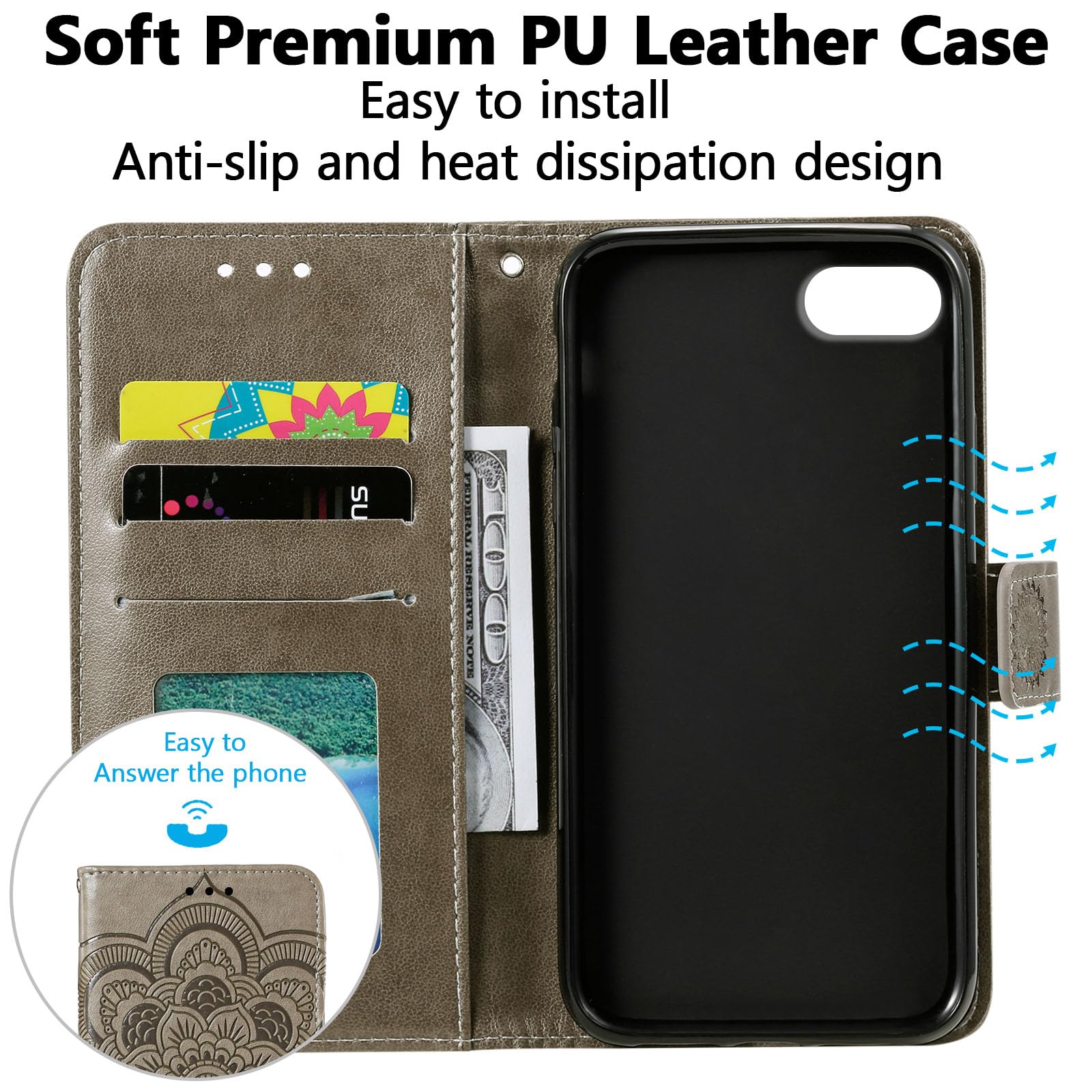 Premium Leather Mandala Flip Wallet Case for iPhone SE/7/8 - Slim Magnetic Stand Cover with Card Slots & Lanyard (Gray) | Perfect for Travel, Work & Everyday Protection