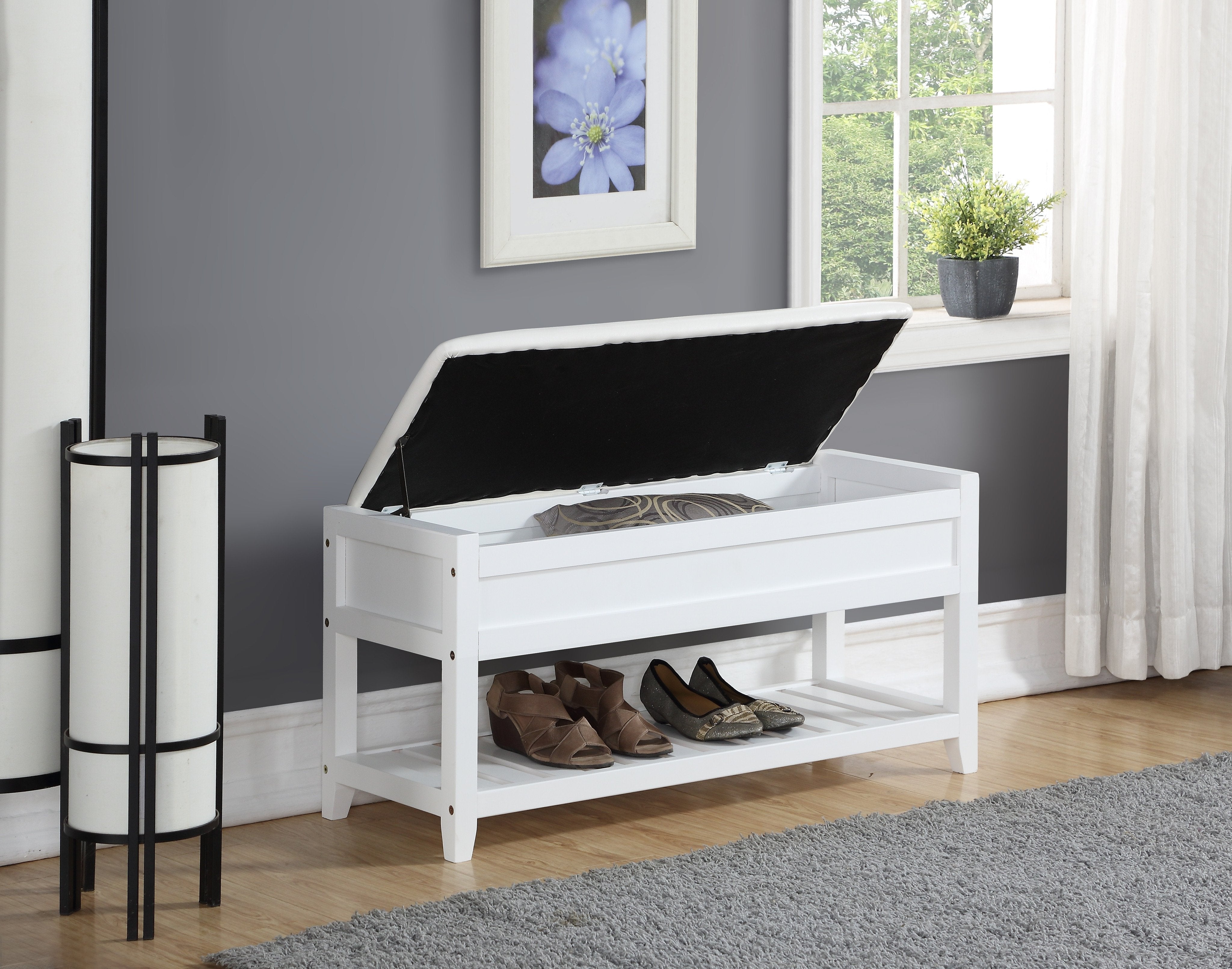 Roundhill Furniture Rouen Storage Bench with Shoe Organizer, Clean White - Perfect for Entryway, Bedroom & Mudroom Organization