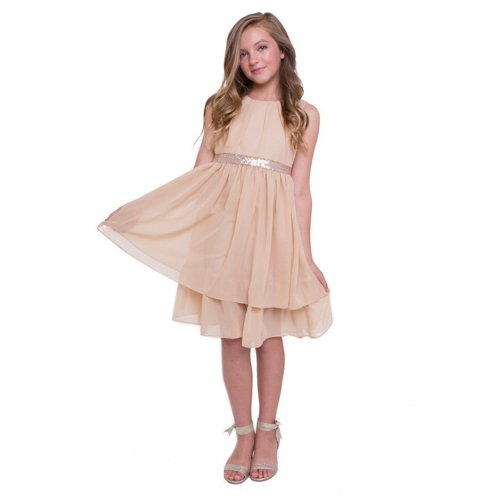 Elegant Champagne Chiffon Sequined Junior Bridesmaid Dress for Big Girls Size 8-16 | Perfect for Weddings, Prom & Formal Events