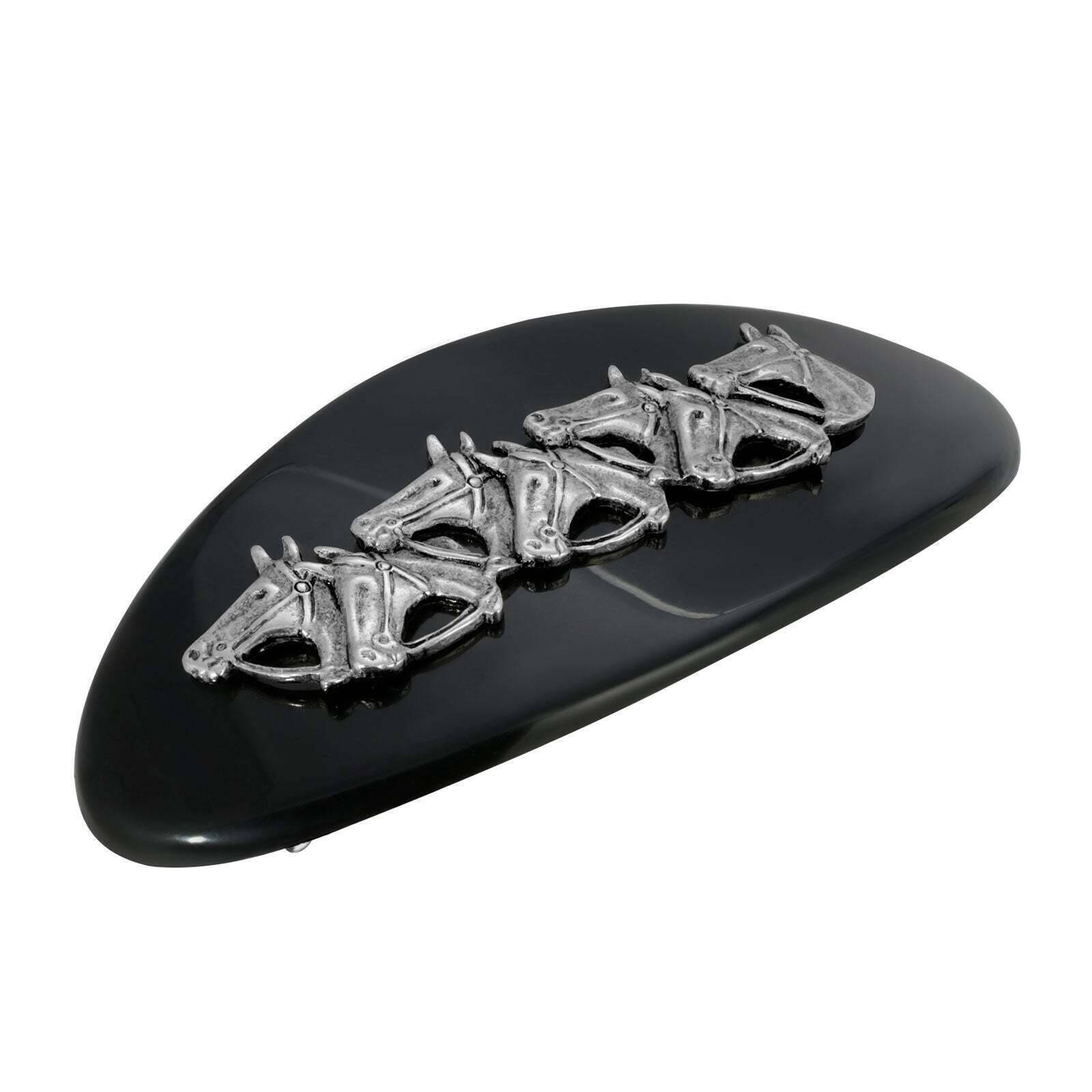 1928 Vintage Large Black Oval Horse Racing Hair Barrette - Elegant Hair Clip for Equestrian Events, Weddings, and Special Occasions