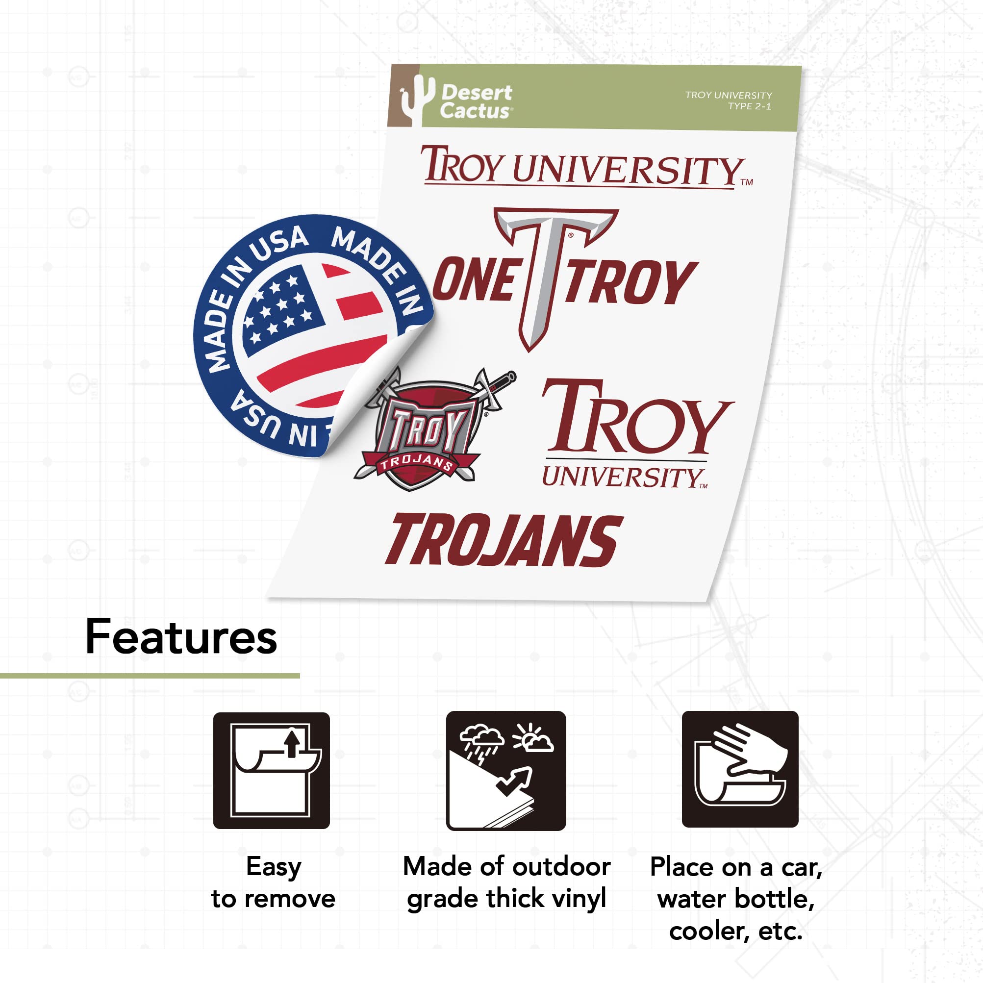 Troy University Trojans Desert Cactus Vinyl Sticker Sheet - 13.43x10.98 Inch Waterproof Decals for Laptop, Water Bottle, Car, Scrapbook (Type 2) - Perfect for College Pride, DIY Crafts & Fan Gifts