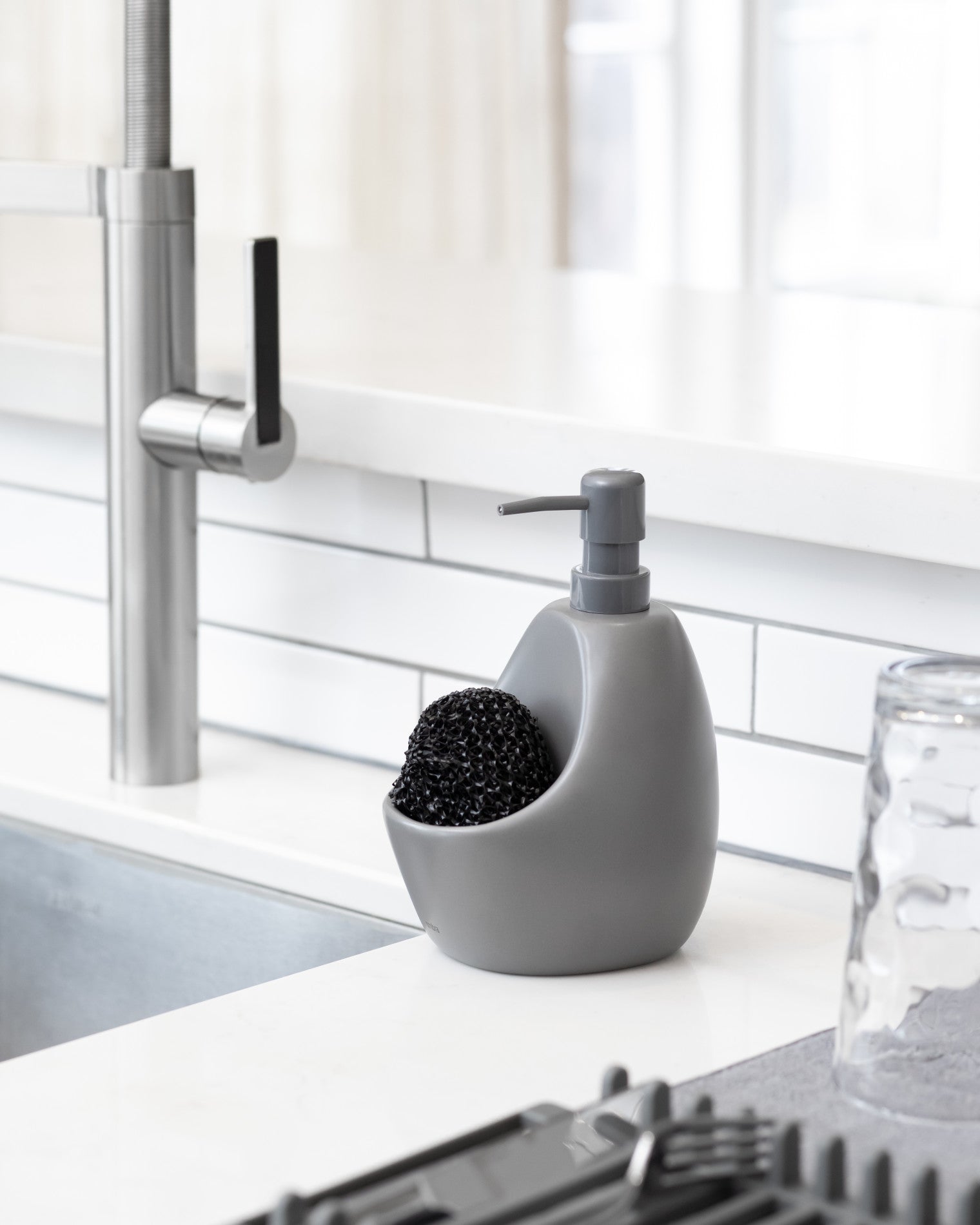 Joey Soap Pump & Scrubby - Hands-Free Foaming Soap Dispenser with Built-in Scrub Brush for Kitchen, Bathroom, and Sink Cleaning (BPA-Free) - Perfect for Dishes, Countertops, and Household Chores
