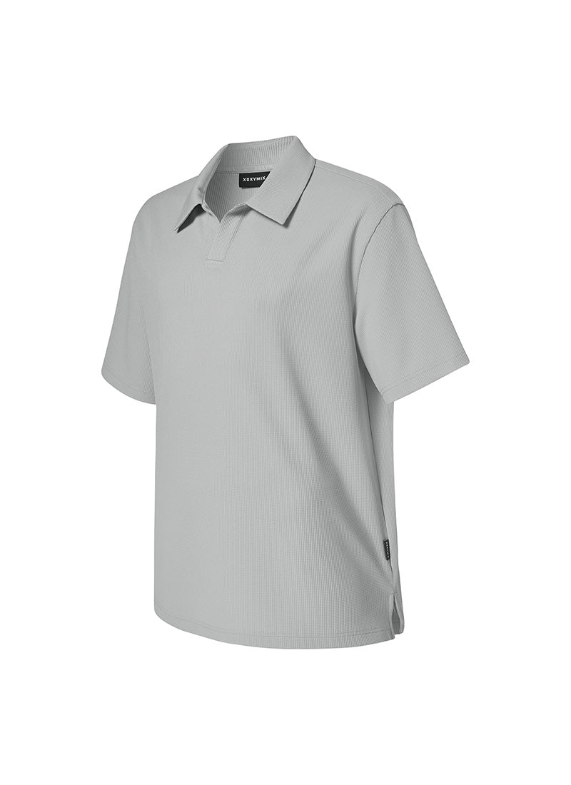 Waffle Texture Open Collar Men's Short Sleeve T-Shirt - Breathable Summer Casual Tee for Outdoor Activities and Daily Wear