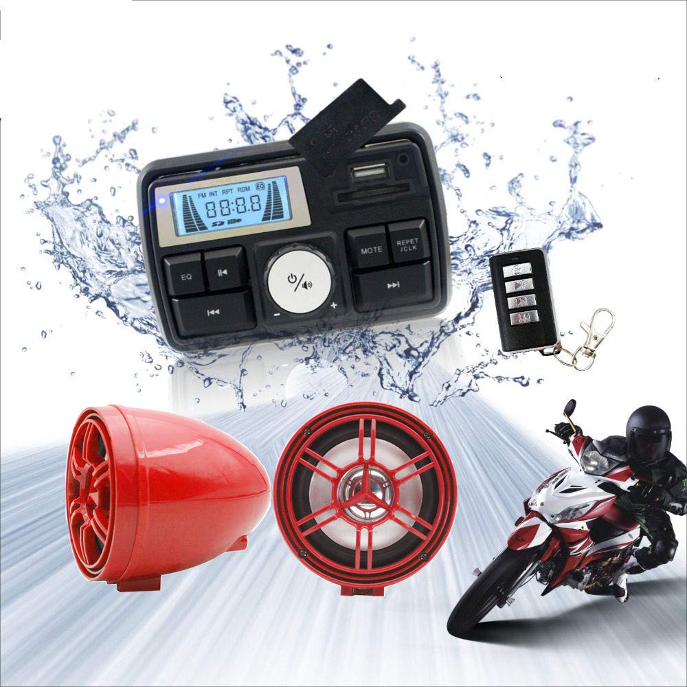 12V Waterproof Bluetooth Speaker for Motorcycle, ATV, UTV & Golf Cart - Anti-Theft FM Radio with USB/TF Port & Stereo Sound (Red) - Perfect for Outdoor Rides, Camping & Off-Road Adventures