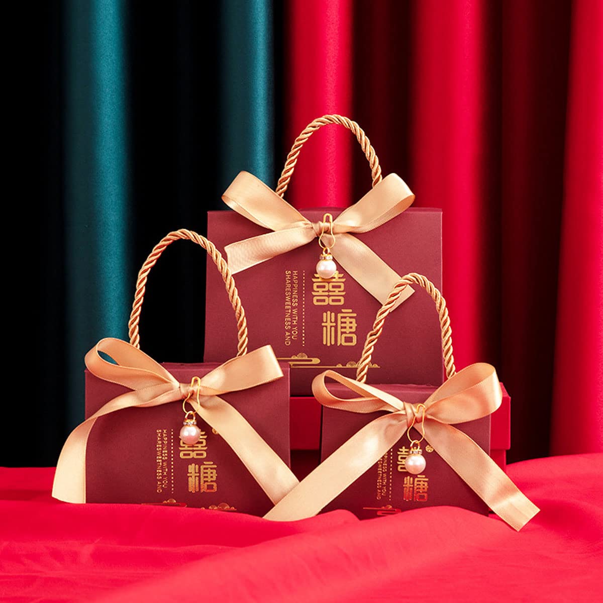 50 Pack Chinese Wedding Candy Boxes with Ribbon - Romantic Burgundy Wedding Favors, Bridal Shower Supplies, Party Decor for Asian Weddings & Anniversary Celebrations