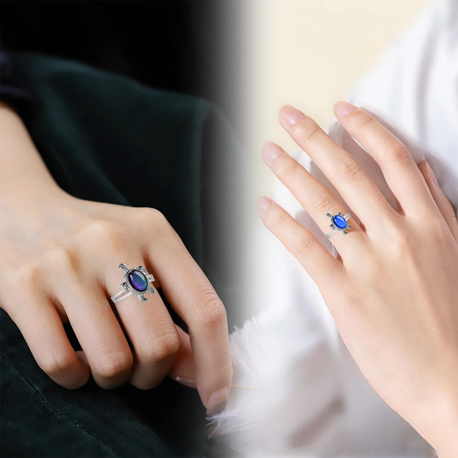 Silver Anxiety Ring for Women - Turtle Mood Ring Gift for Stress Relief & Focus