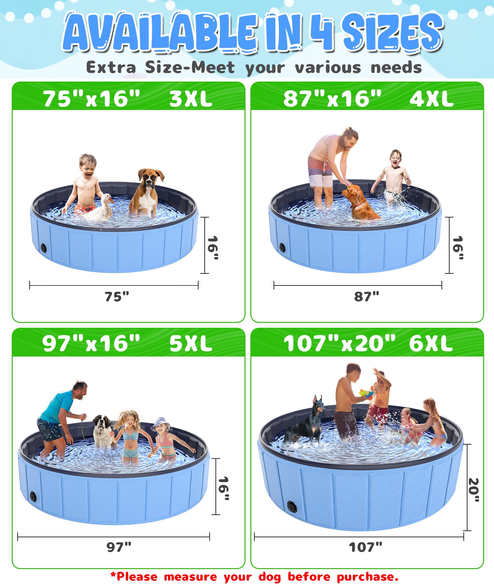 Hyperzoo 97x16 Inch Foldable Dog Pool - Heavy Duty PVC Leakproof Pet Bathing Tub for Small, Medium & Large Dogs - Collapsible Wading Pool for Puppies, Kids & Outdoor Summer Fun