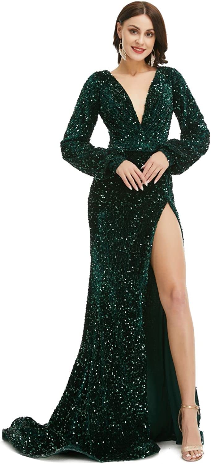 Sparkling Women's V-Neck Sequin Long Sleeve Prom Dress with High Slit - Elegant Mermaid Cocktail Gown for Wedding, Evening Party, Prom Night & Special Occasions