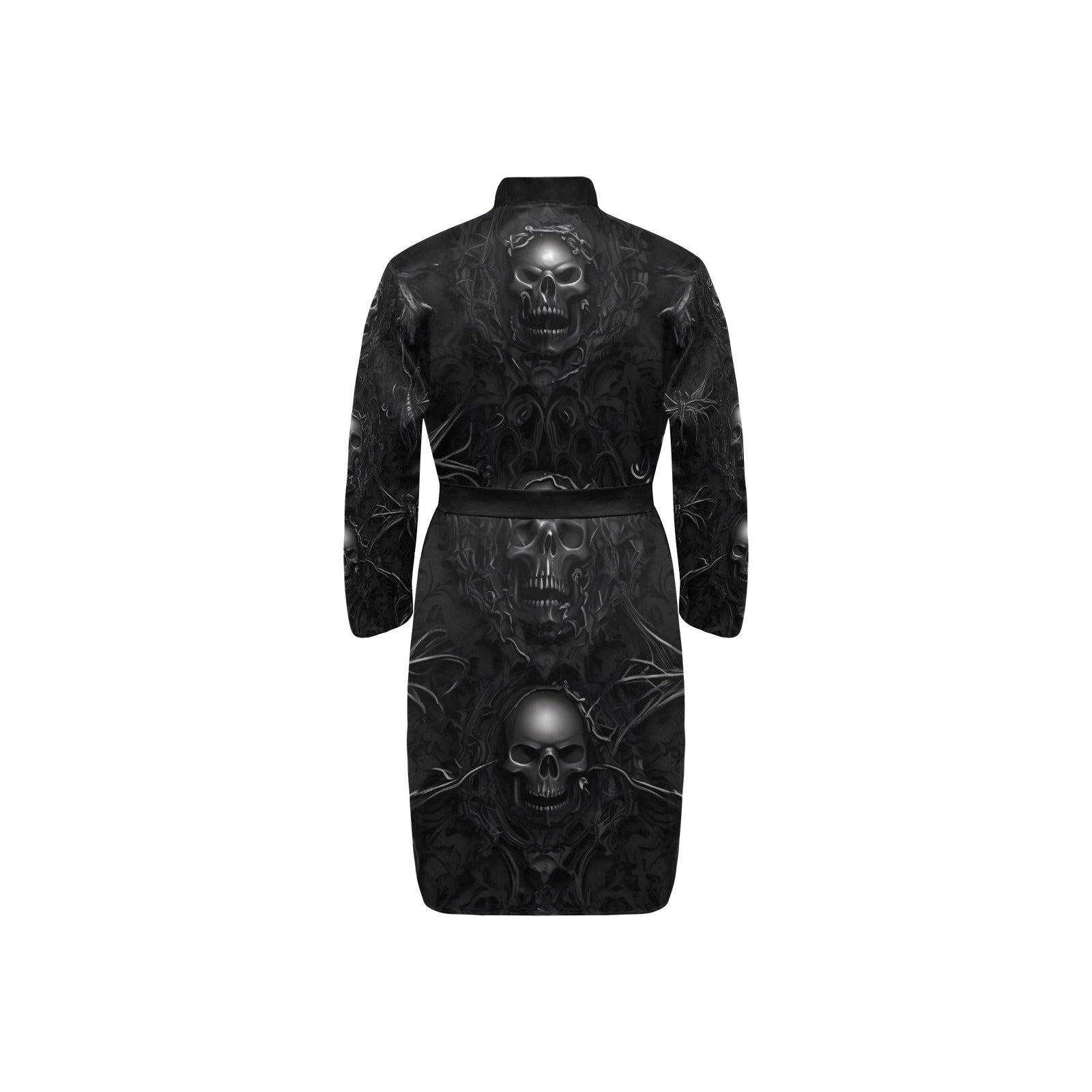 Gothic Skull Belted Night Robe for Women - Elegant Lace Trim Black Sleepwear - Perfect for Halloween, Gothic Parties & Cozy Nights
