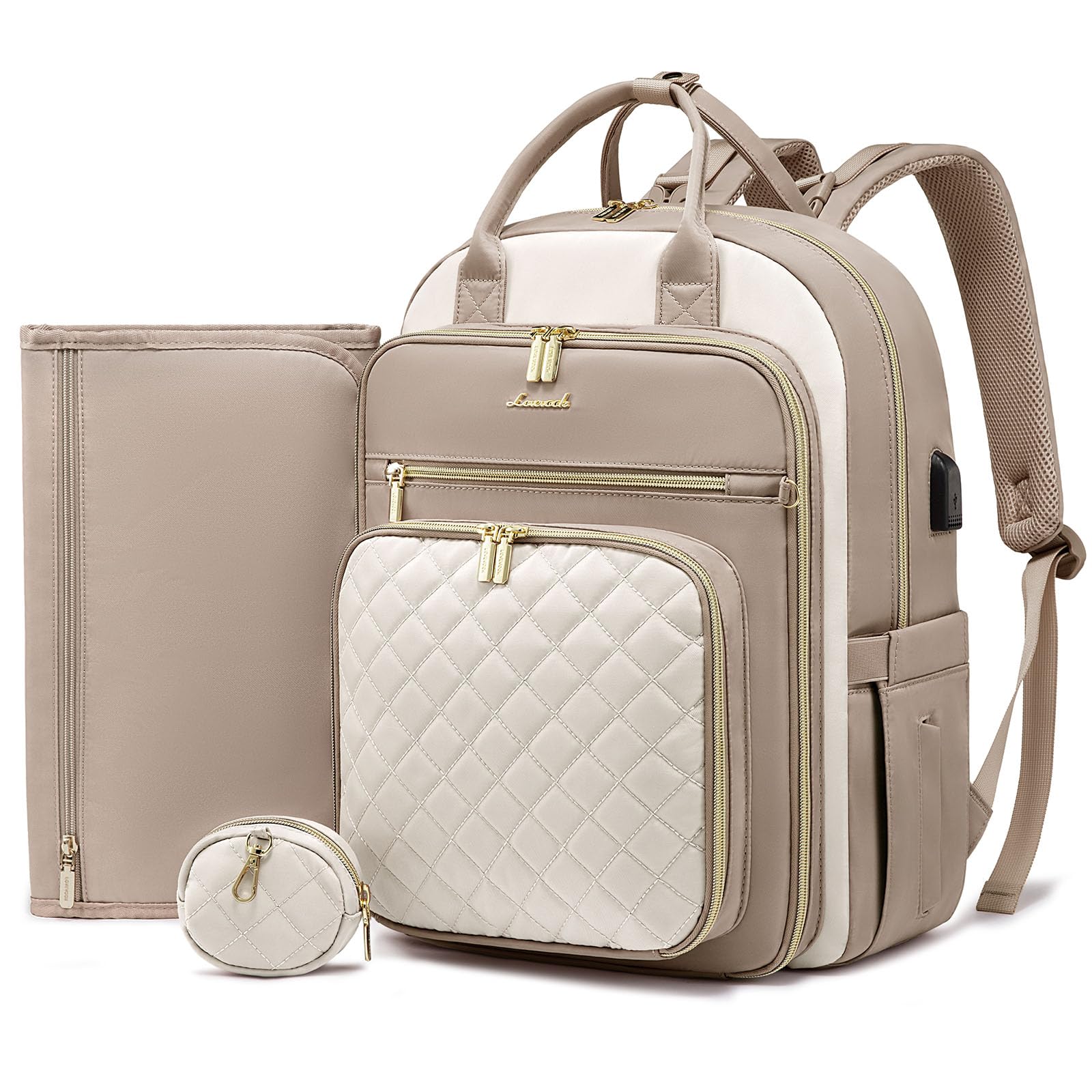 LOVEVOOK Waterproof Baby Diaper Backpack with USB Charging Port - Large Capacity Diaper Bag Fits 15.6 Inch Laptop - Perfect for Travel, Daycare & Parenting Essentials (Apricot)