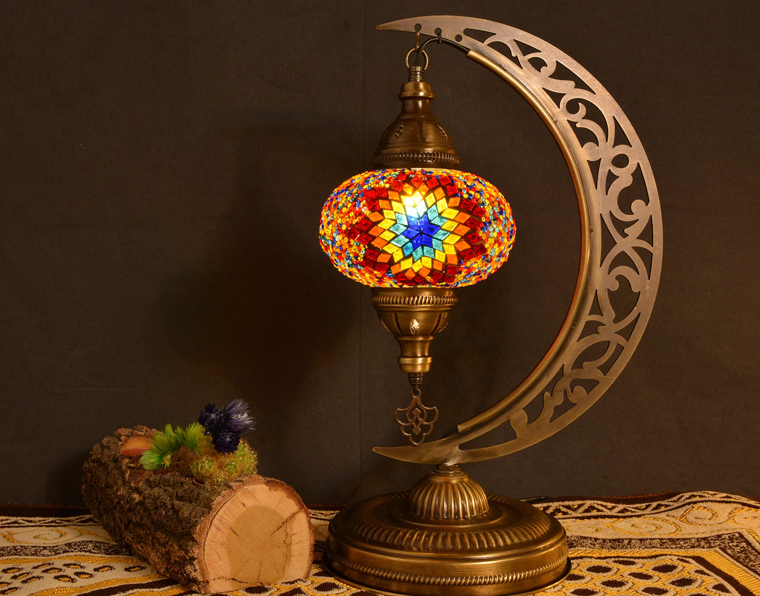 Mozaist Turkish Tiffany Style Moon Shape Table Lamp - Handcrafted Moroccan Mosaic Crescent Desk Light with Stained Glass, E12 Socket & US Plug | Rustic Home Decor for Bedroom, Living Room & Dining Room (Sunflower Design)