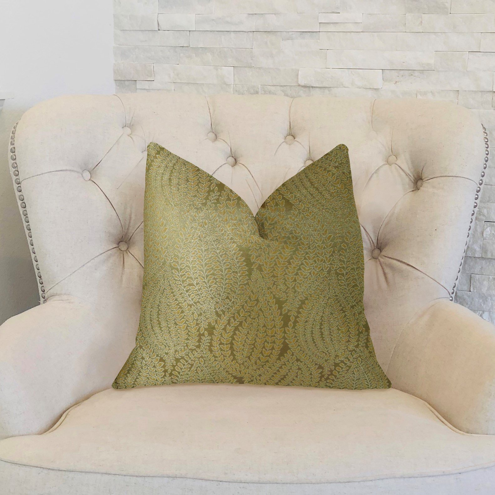 Plutus Leaf Pod Handmade Throw Pillow 24x24 Inches - Gold Bohemian Decorative Cushion for Sofa, Bed, Living Room & Home Decor