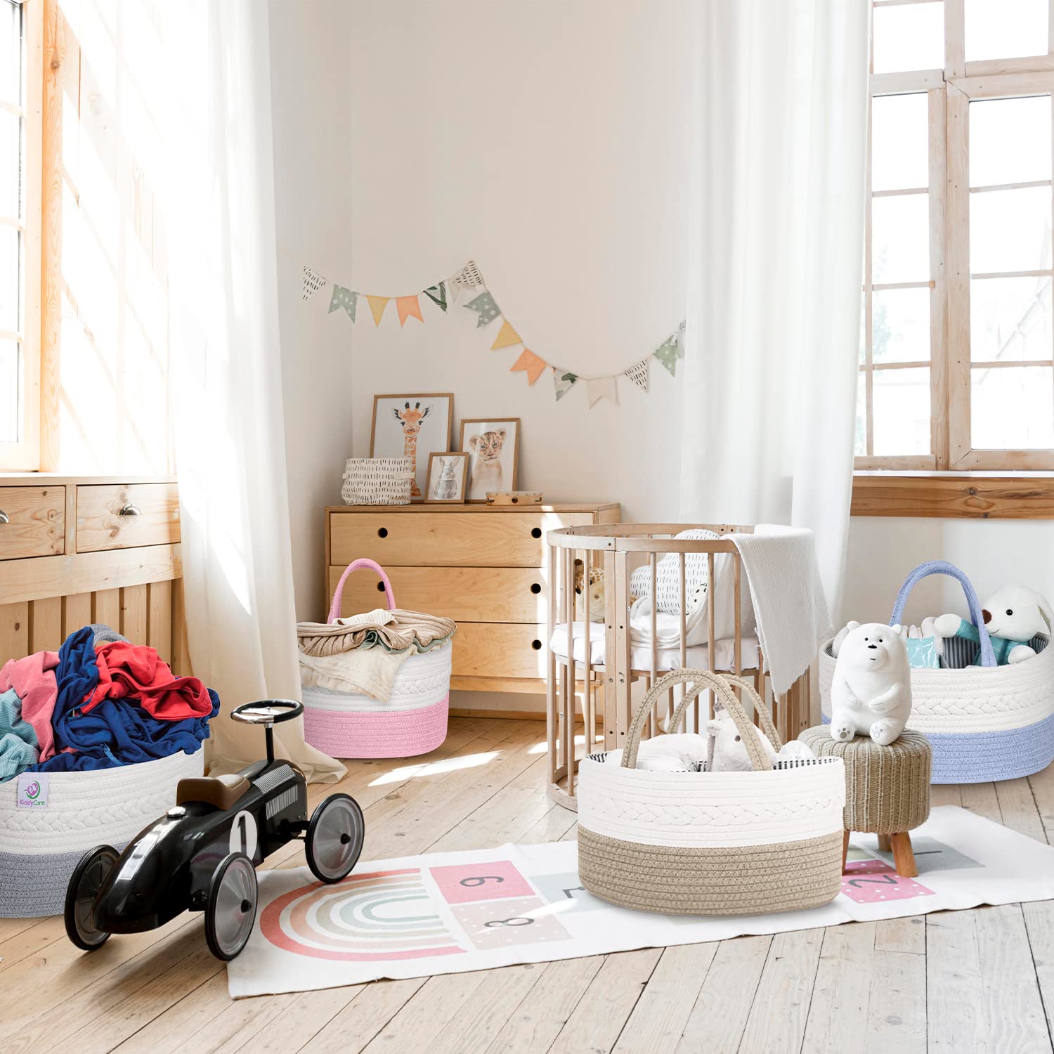 KiddyCare Baby Diaper Caddy Organizer - Portable Woven Storage Basket with Dividers | XL Blue Baby Changing Station Organizer for Nursery, Travel & On-the-Go Diaper Storage | Perfect for Baby Essentials, Toys & Nursery Organization