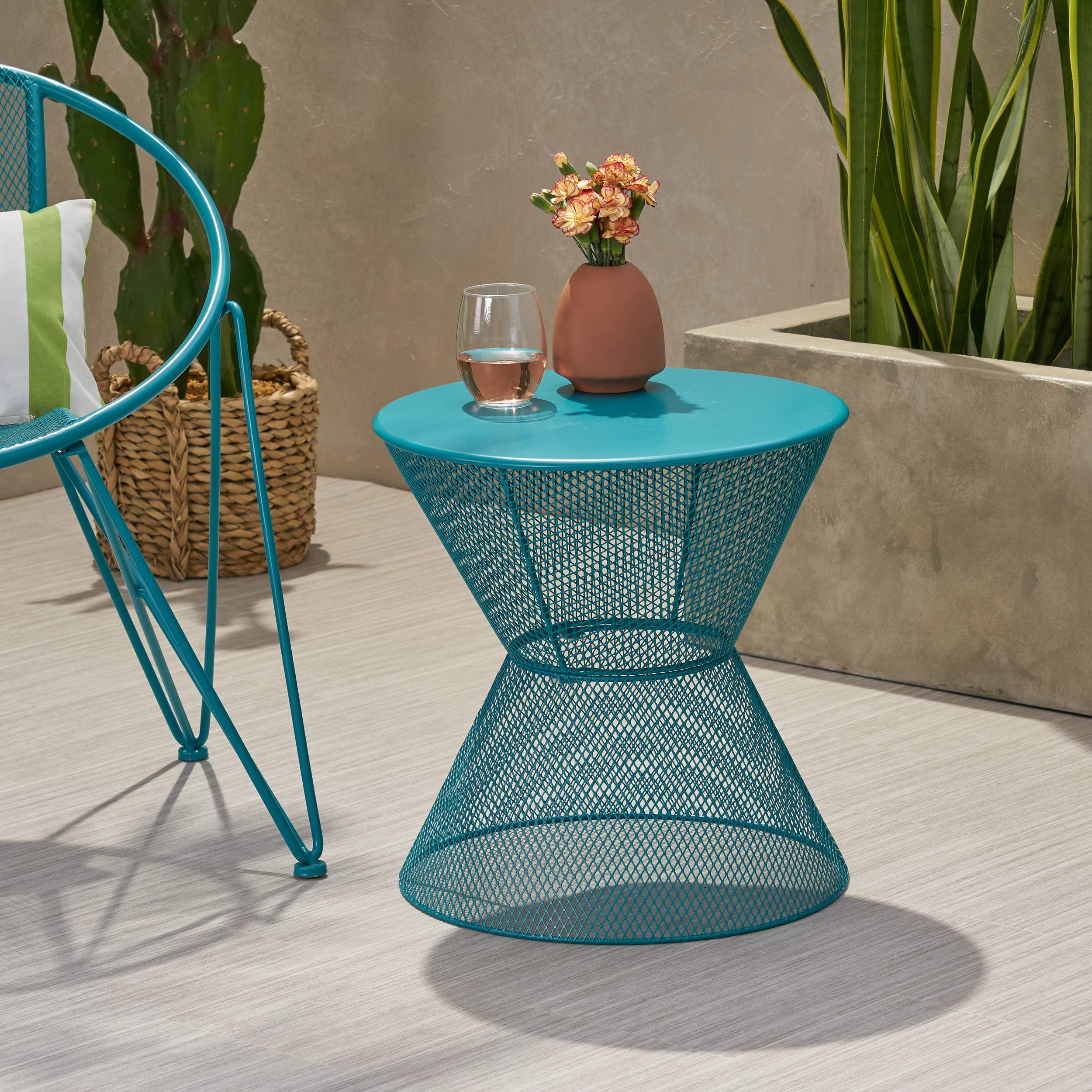 Modern Outdoor Iron Side Table - Matte Teal Finish, Durable Patio Furniture for Poolside, Garden, or Balcony Decor