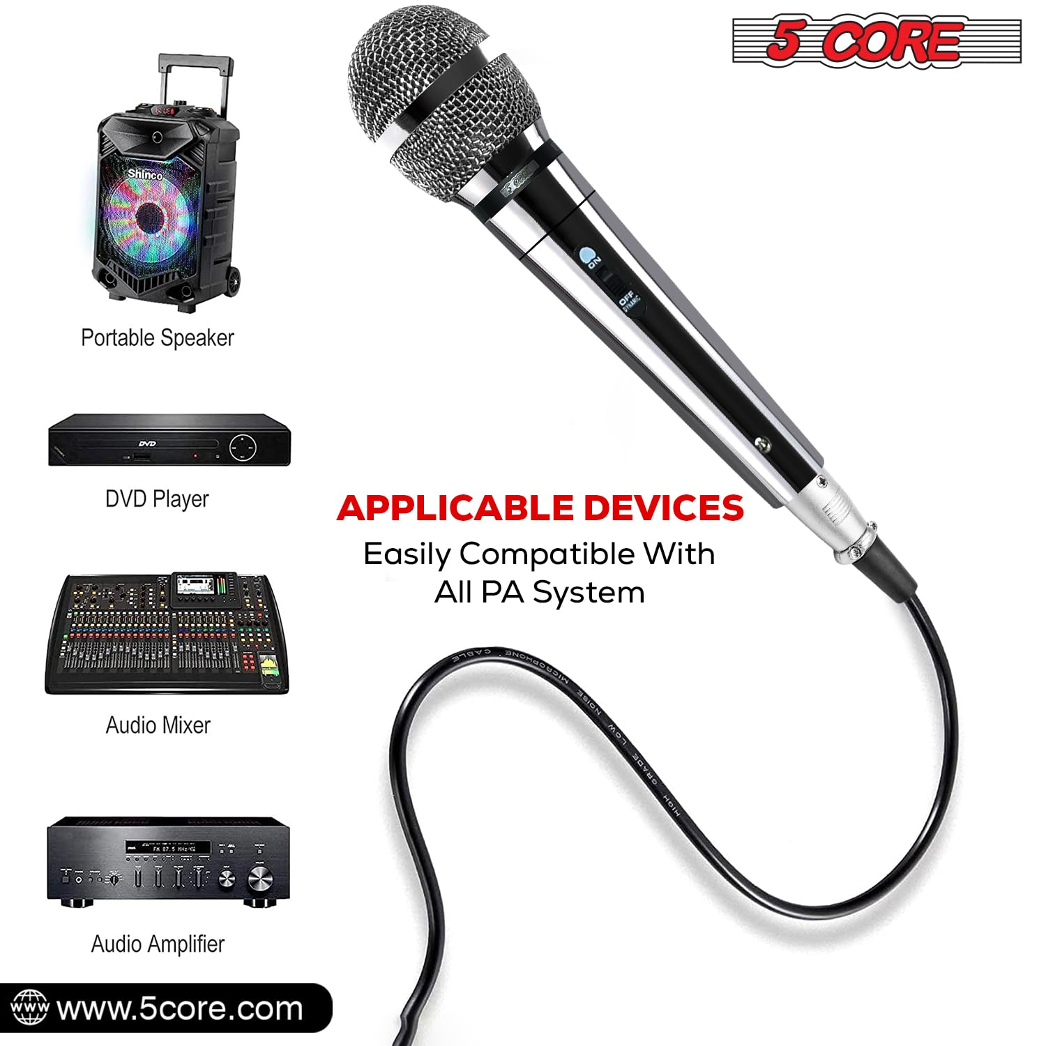 5 CORE Dynamic Handheld Microphone - Cardioid Unidirectional Mic with On/Off Switch & XLR Cable for Singing, Karaoke, Live Performances, Podcasting, and Studio Recording - PM 111 CH