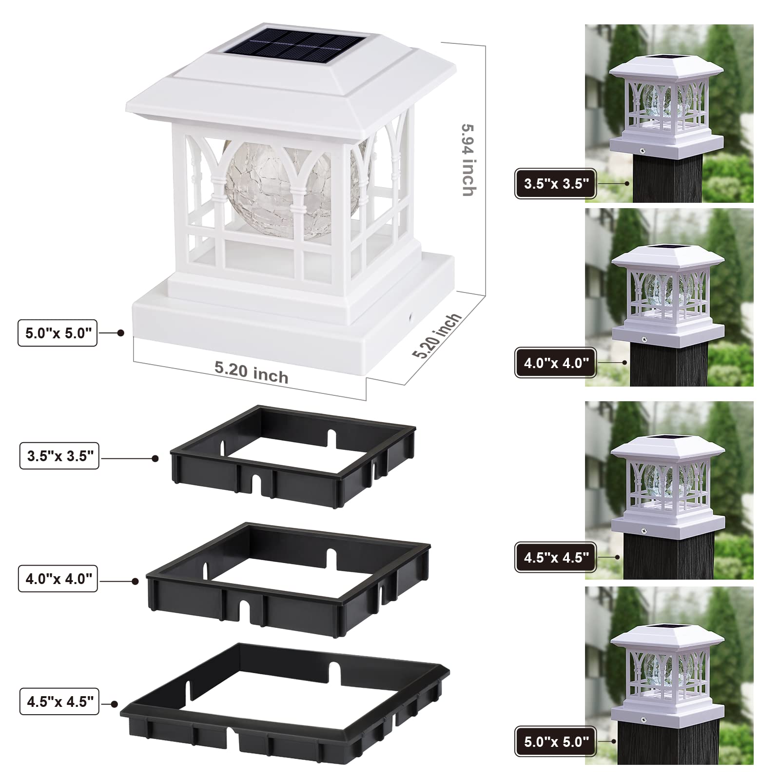 Solar Post Lights Outdoor - 12 Pack White LED Fence & Deck Lights for 3.5x3.5 to 5x5 Posts - Waterproof IP65, RGB & Warm White, 20LM Brightness with 1000mAh Battery - Perfect for Garden, Pathway, Patio and Backyard Lighting