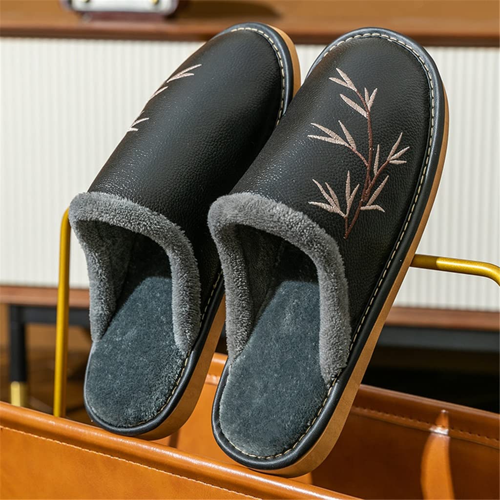 Premium Adult Leather Slippers - Warm Fleece-Lined Indoor/Outdoor House Shoes for Men & Women - Non-Slip Comfort for Winter & Fall - Perfect for Home, Office & Relaxation (Black, Size 40/41)