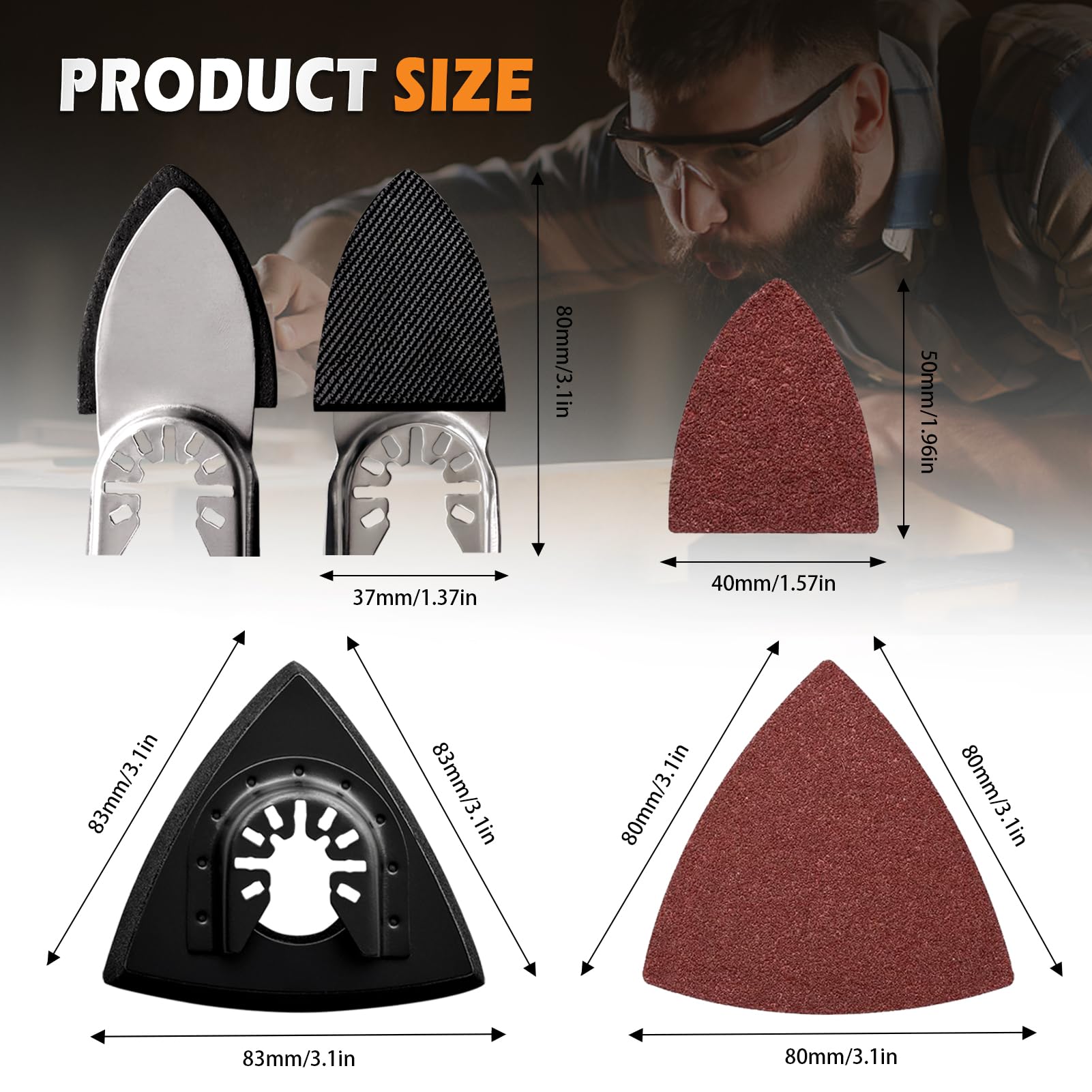 162-Piece Oscillating Tool Sanding Kit - 4 Triangle Pads, 4 Finger Pads, 4 Multi-Tool Blades & 150 Sandpaper Sheets - Perfect for Wood Finishing, DIY Projects & Home Renovation
